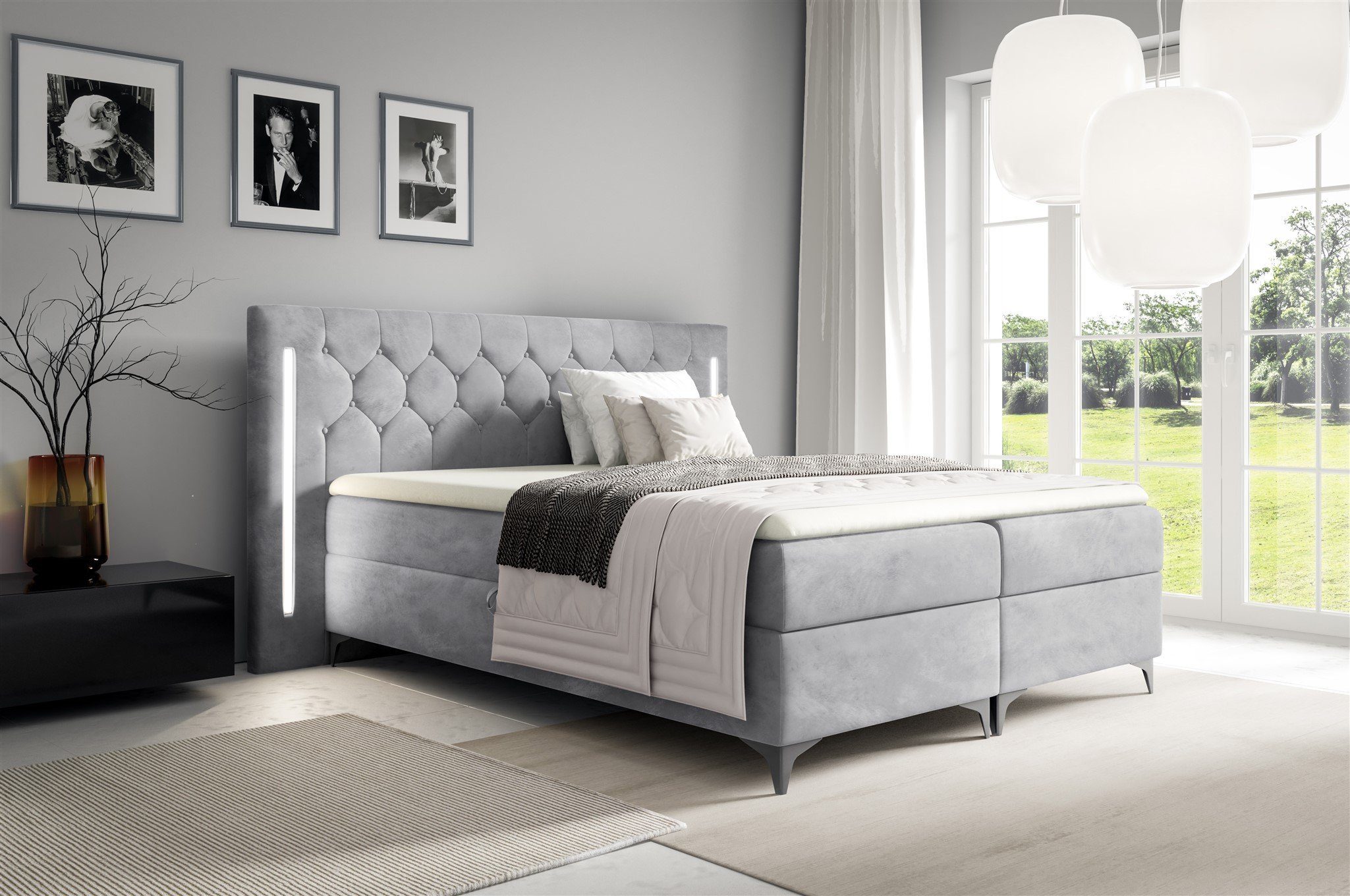Fun Möbel Boxbett Schlafzimmerbett ELODIE in Stoff Monolith oder Fresh Überlänge (inkl. Kaltschaumtopper, inkl. Bettkästen), Ambiente-Beleuchtung LED (Weiß) inkl. Fernbedienung