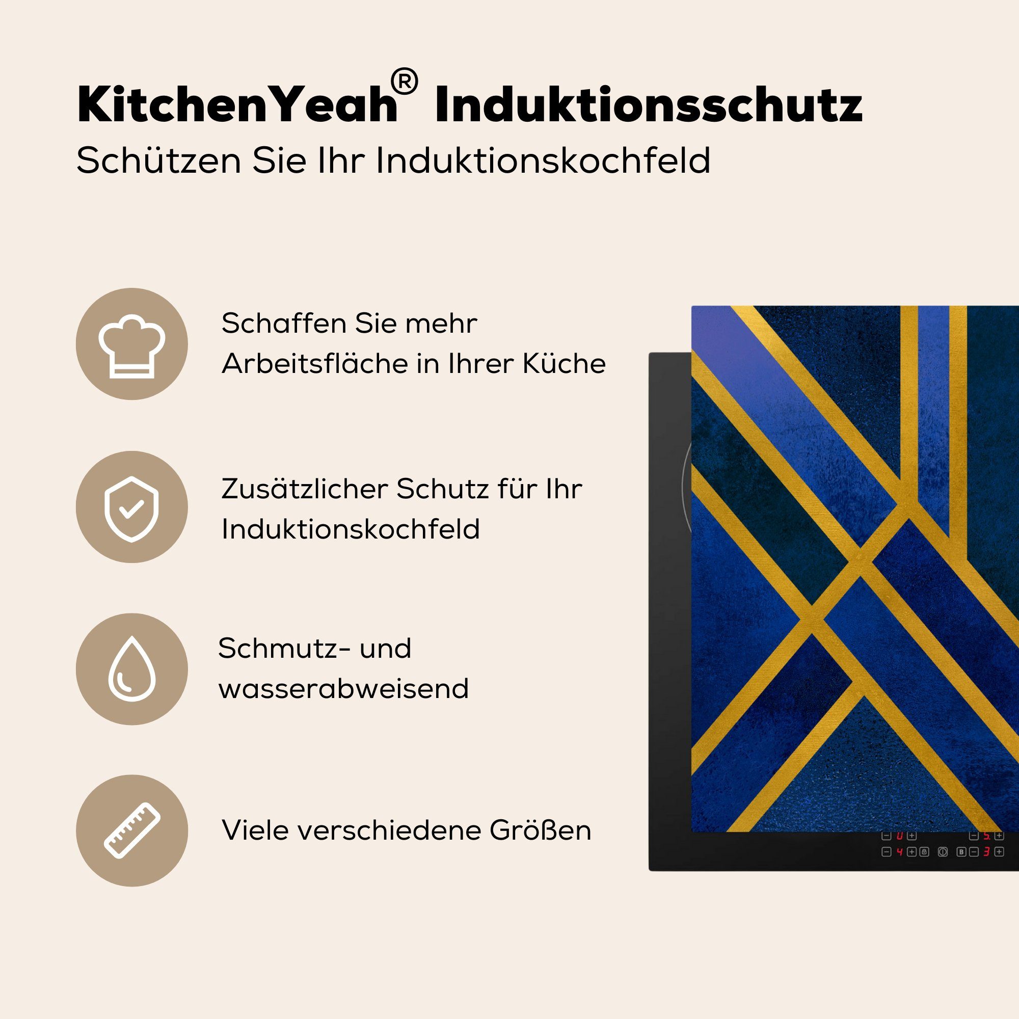MuchoWow Herdblende-/Abdeckplatte Gold - Blau die küche, Vinyl, für tlg), cm, - 71x52 Schutz (1 Induktionskochfeld Ceranfeldabdeckung - Muster Luxus