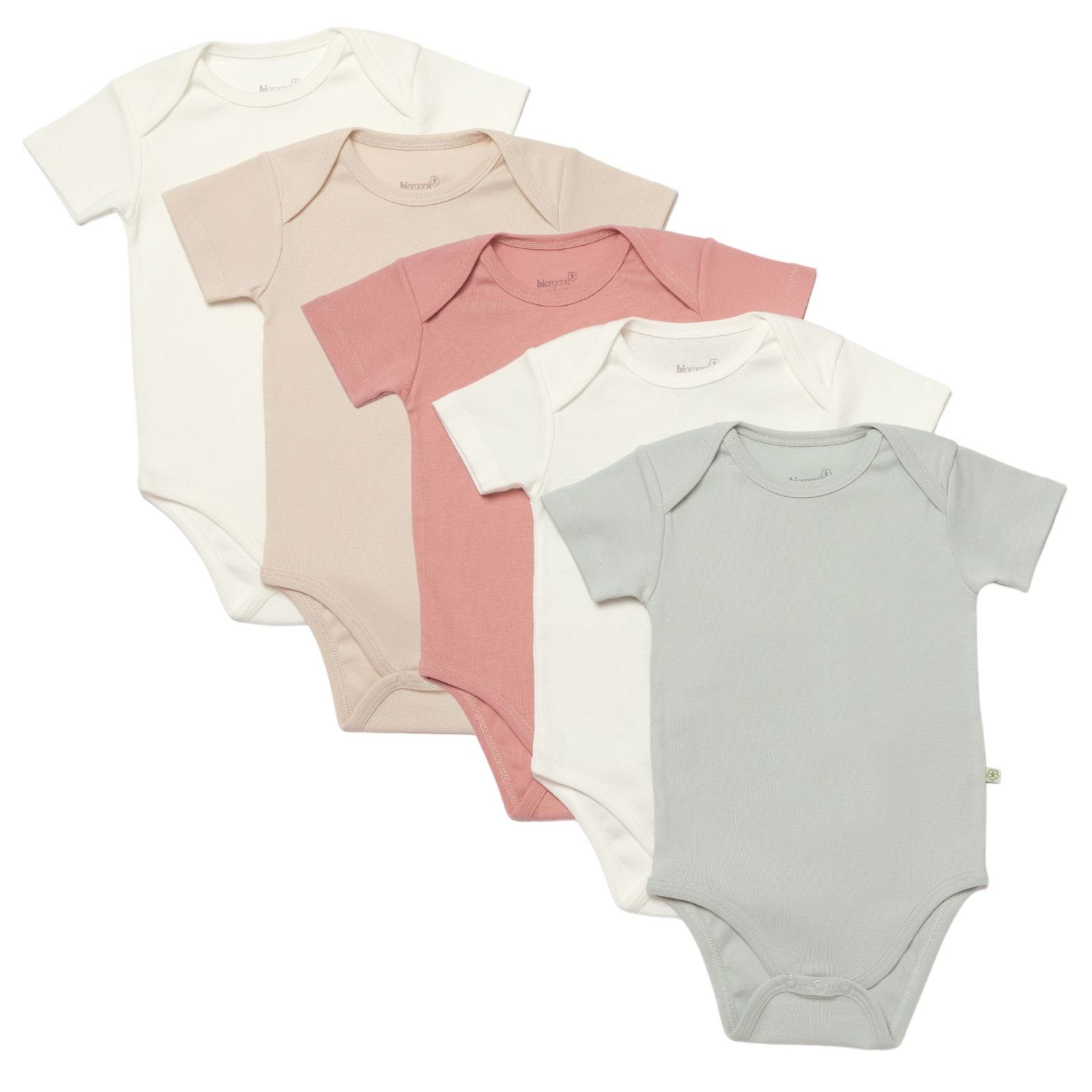 biorganic Kurzarmbody Baby Body Unisex Kurzarm Unifarben, 100% Bio-Baumwolle, GOTS zert. (Set, 6-tlg., 5er-Pack Bodys & 1 Beutel) mit praktischen Druckknöpfen