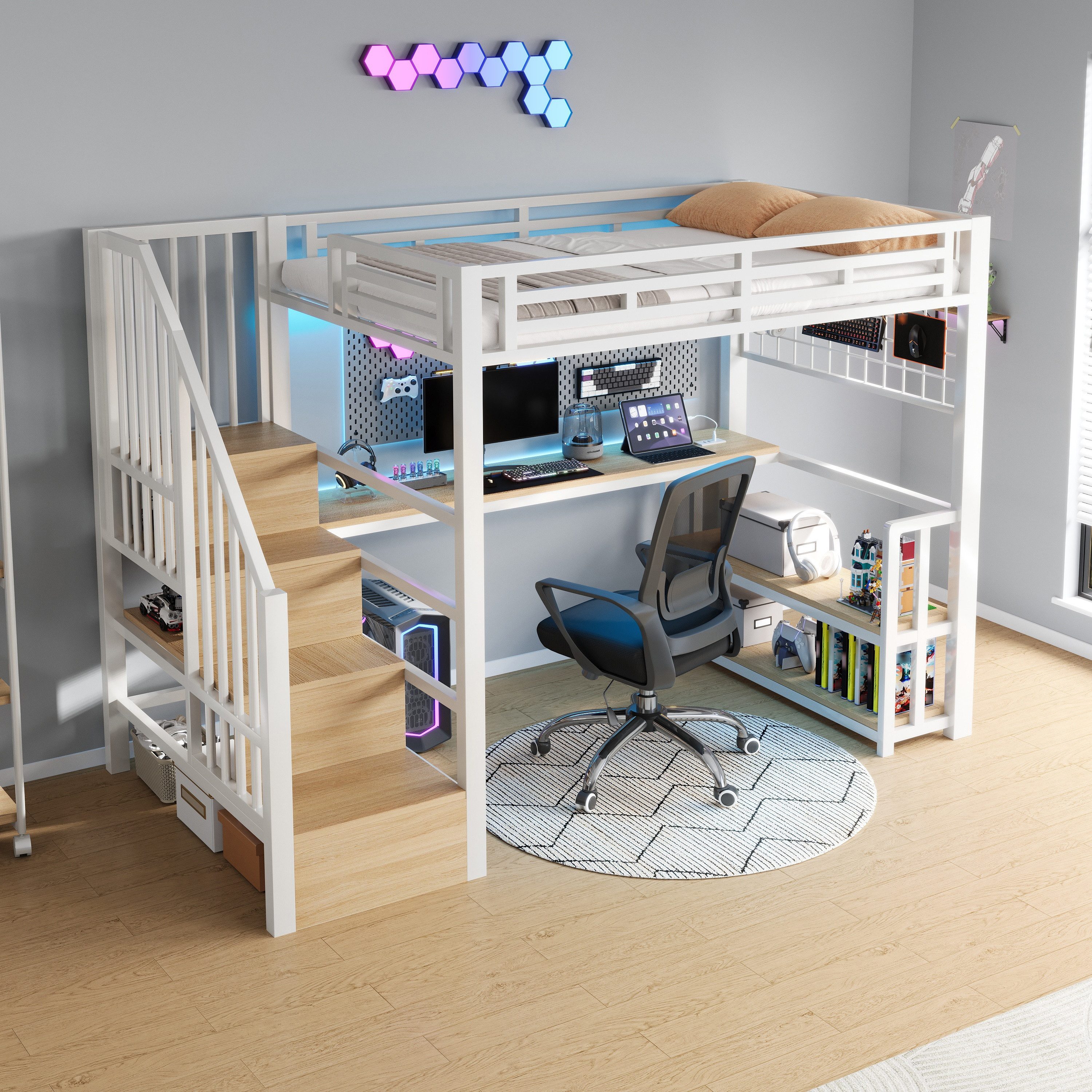 Flieks Hochbett Kinderbett Metall 90x200cm mit Lichtleiste Schreibtisch USB-Aufladen