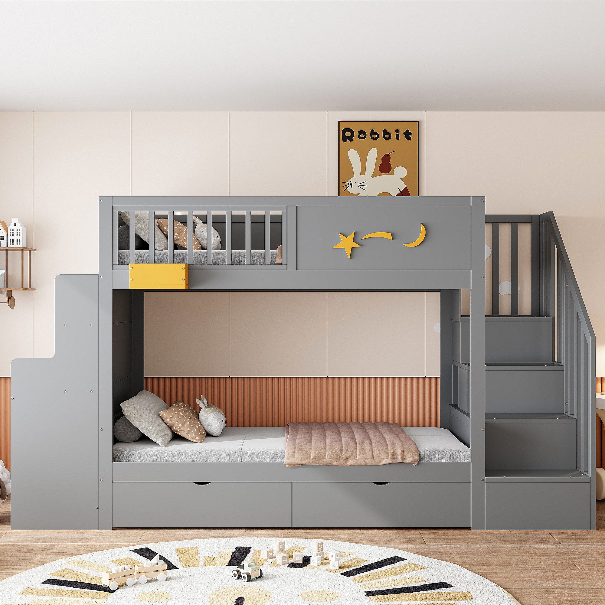 MODFU Etagenbett Sicherheitstreppe, Schreibtisch und Aufbewahrungsschubladen (Kinderbett Gästebett mit Sternenmotiv, Holzbett 90x200 cm), ohne Matratze