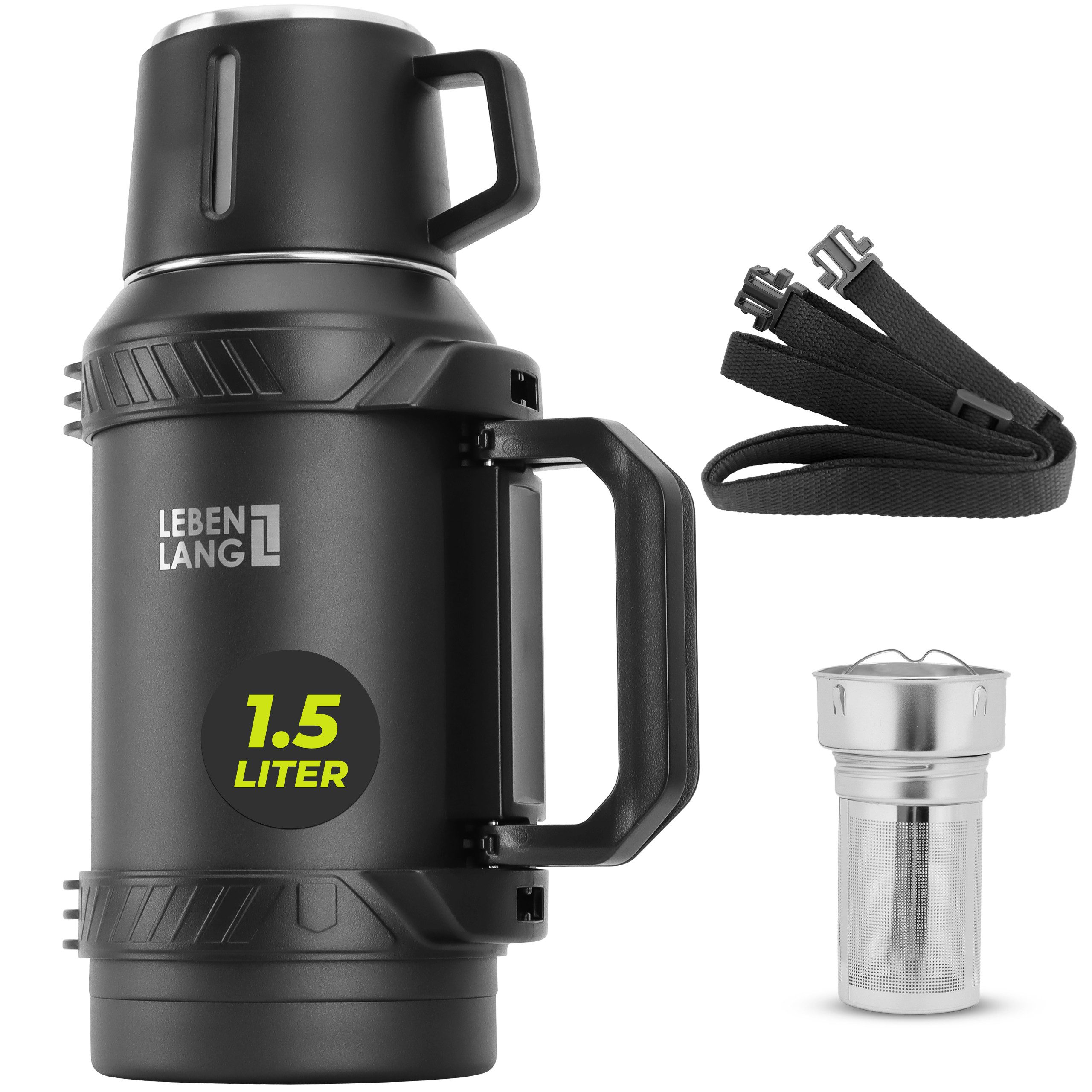 Lebenlang Thermoflasche Isolierflasche 1,5 Liter - 24h Heiß & Kalt - Inkl. Becher & Teesieb, Auslaufsicher - Große Einfüllöffnung - BPA-frei
