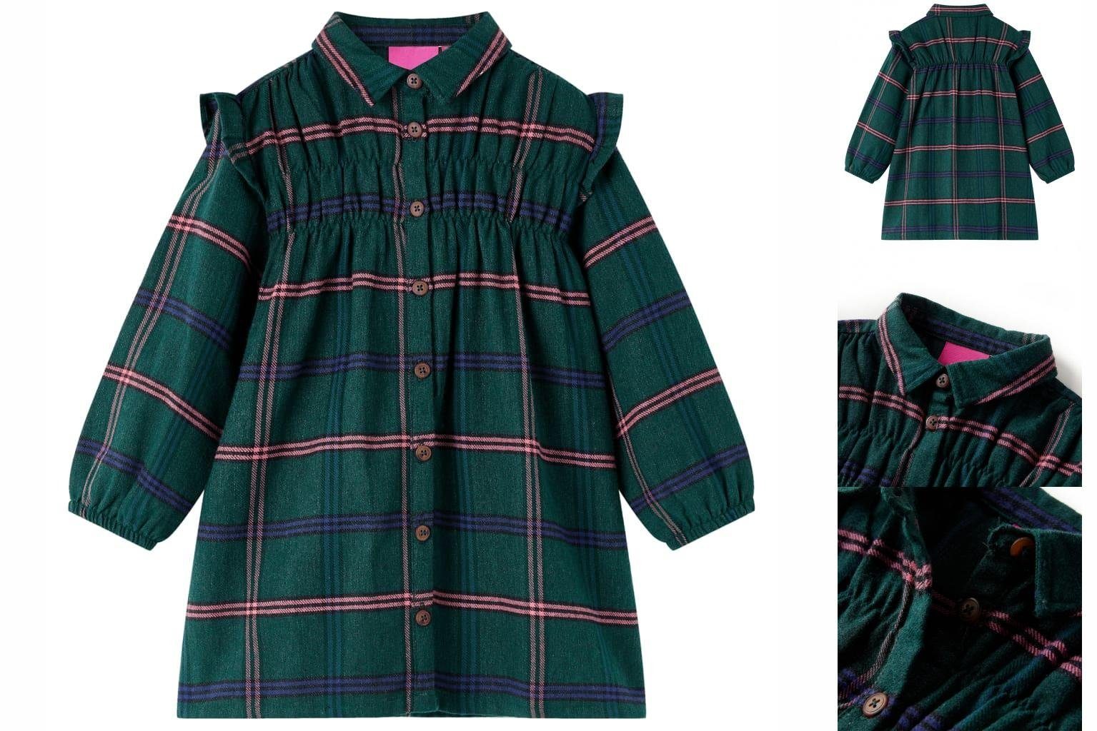 vidaXL A-Linien-Kleid Kinderkleid mit Langen Ärmeln und Rüschen Dunkelgrün 92