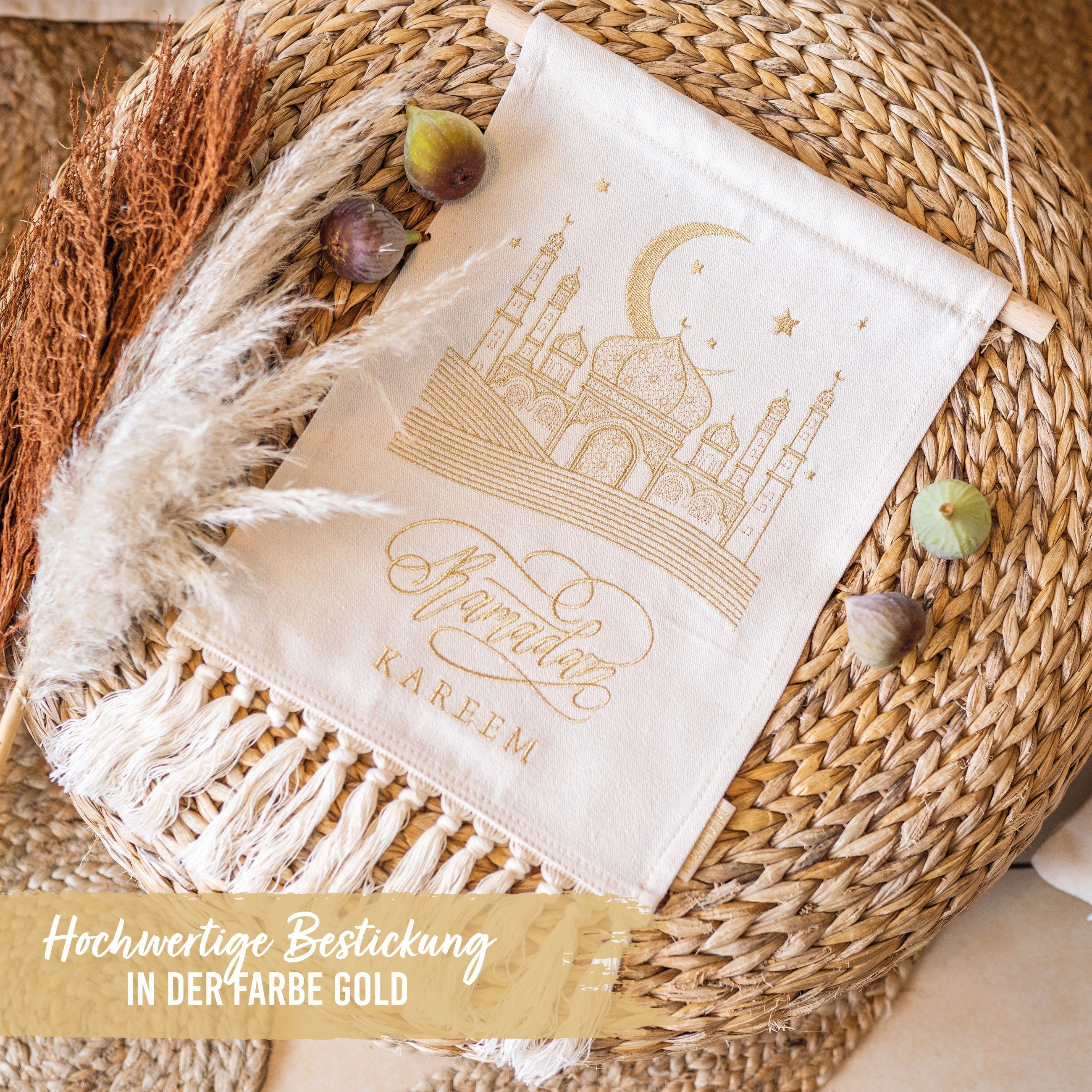 PAPIERDRACHEN Wanddekoobjekt Ramadan Wandbehang als dekorativer Hingucker - hochwertig Bestickt, beige & gold - wiederverwendbar