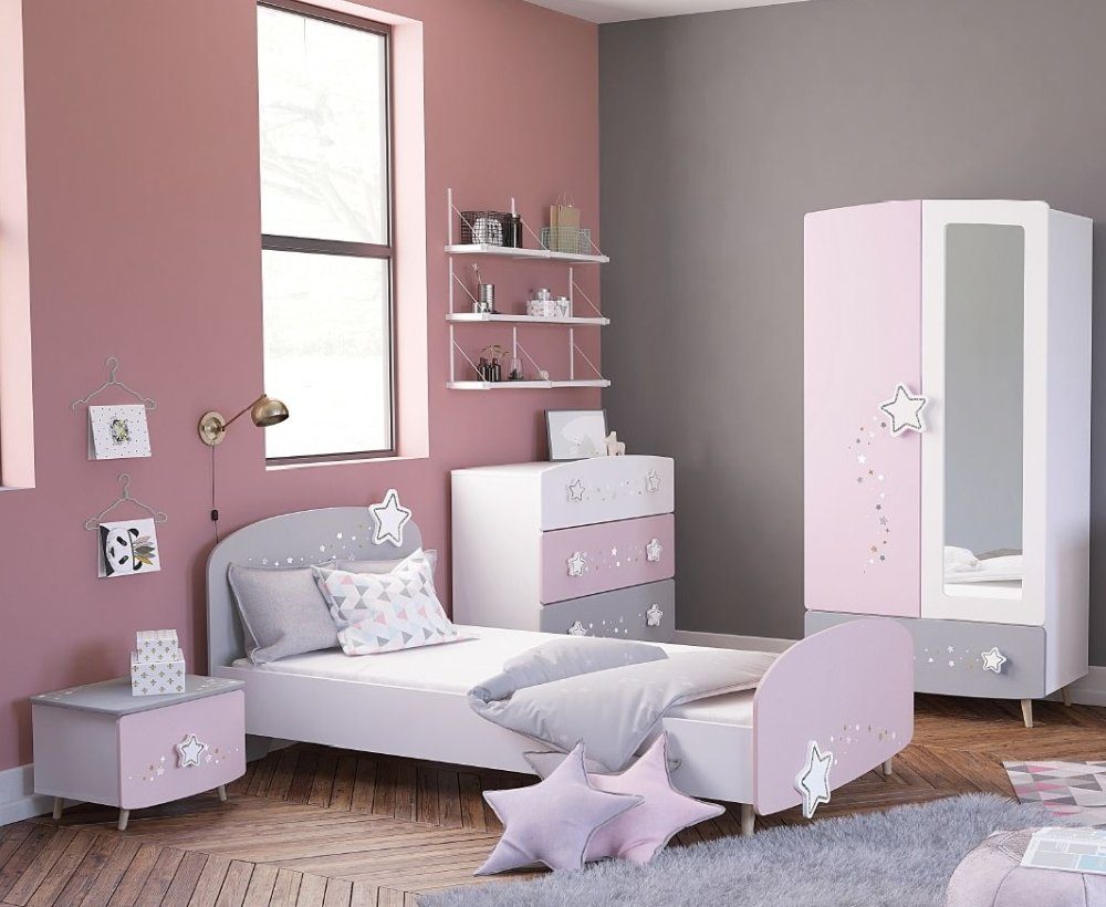 24 Sternschnuppe 4-teilig Kindermöbel Mädchen Komplettschlafzimmer rosa weiß grau Kinderzimmer
