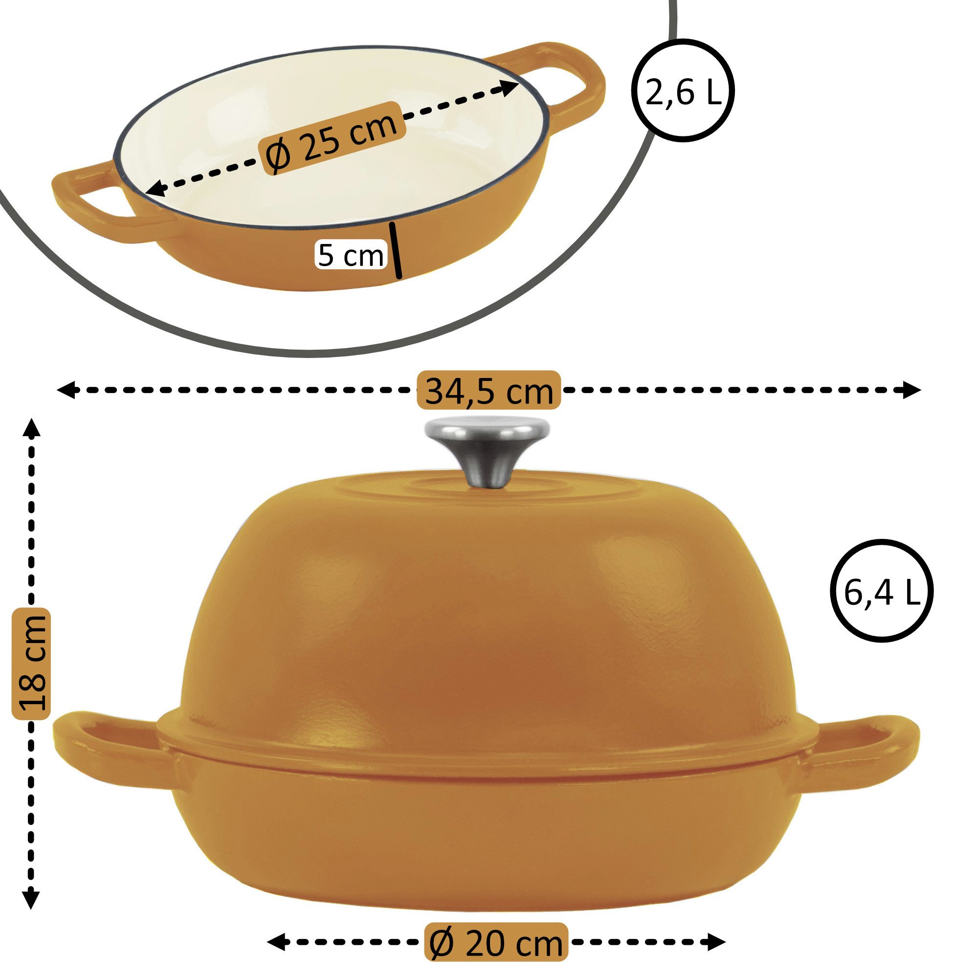 Mahlzeit Kochtopf Gusseisen Brottopf Set emailliert 6,4 Liter, Sunny Orange, Gusseisen, Ideal zum Backen von Broten