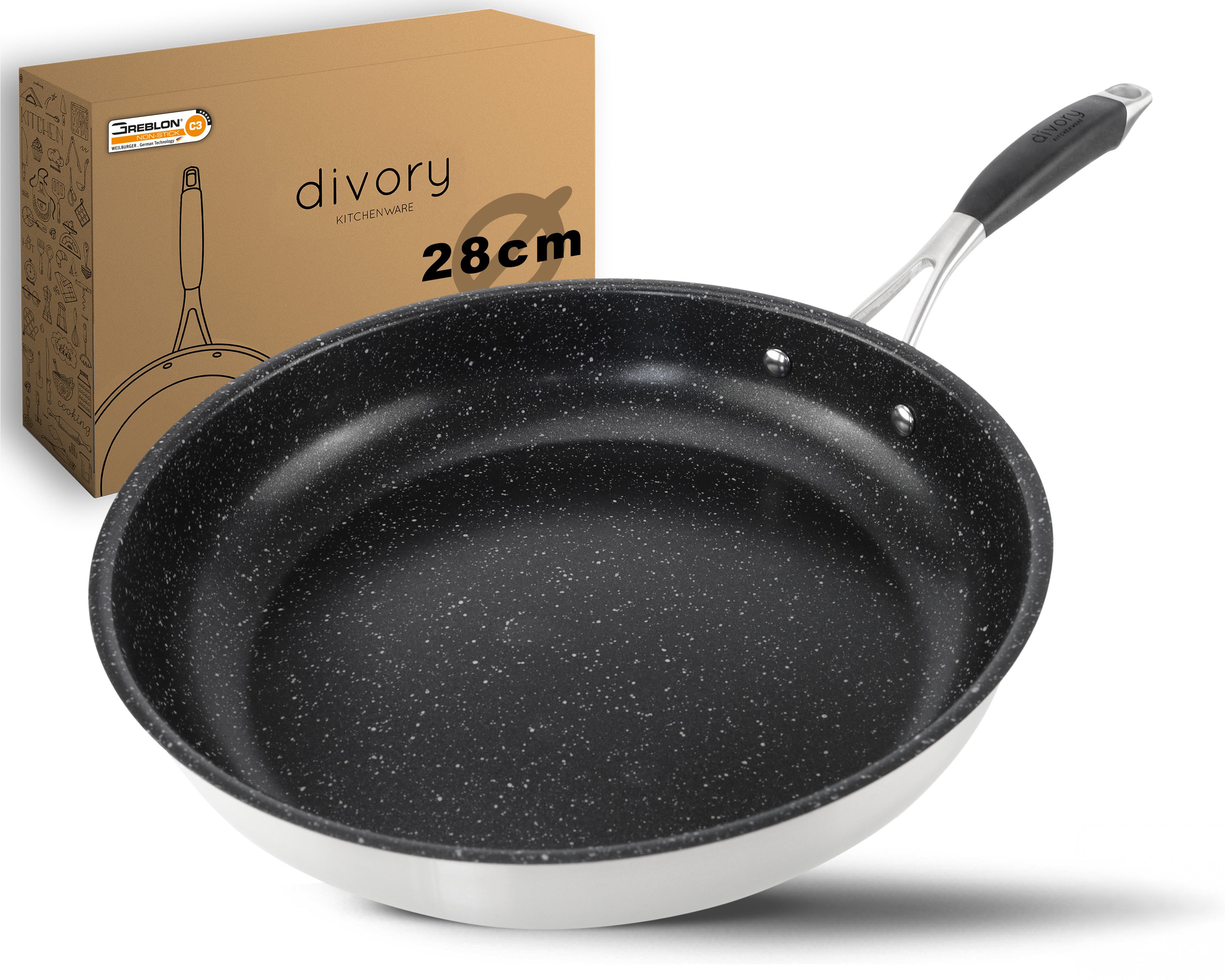 divory Bratpfanne Edelstahlpfanne beschichtet, Induktionsgeeignet, für alle Herdarten, Edelstahl, Induktion