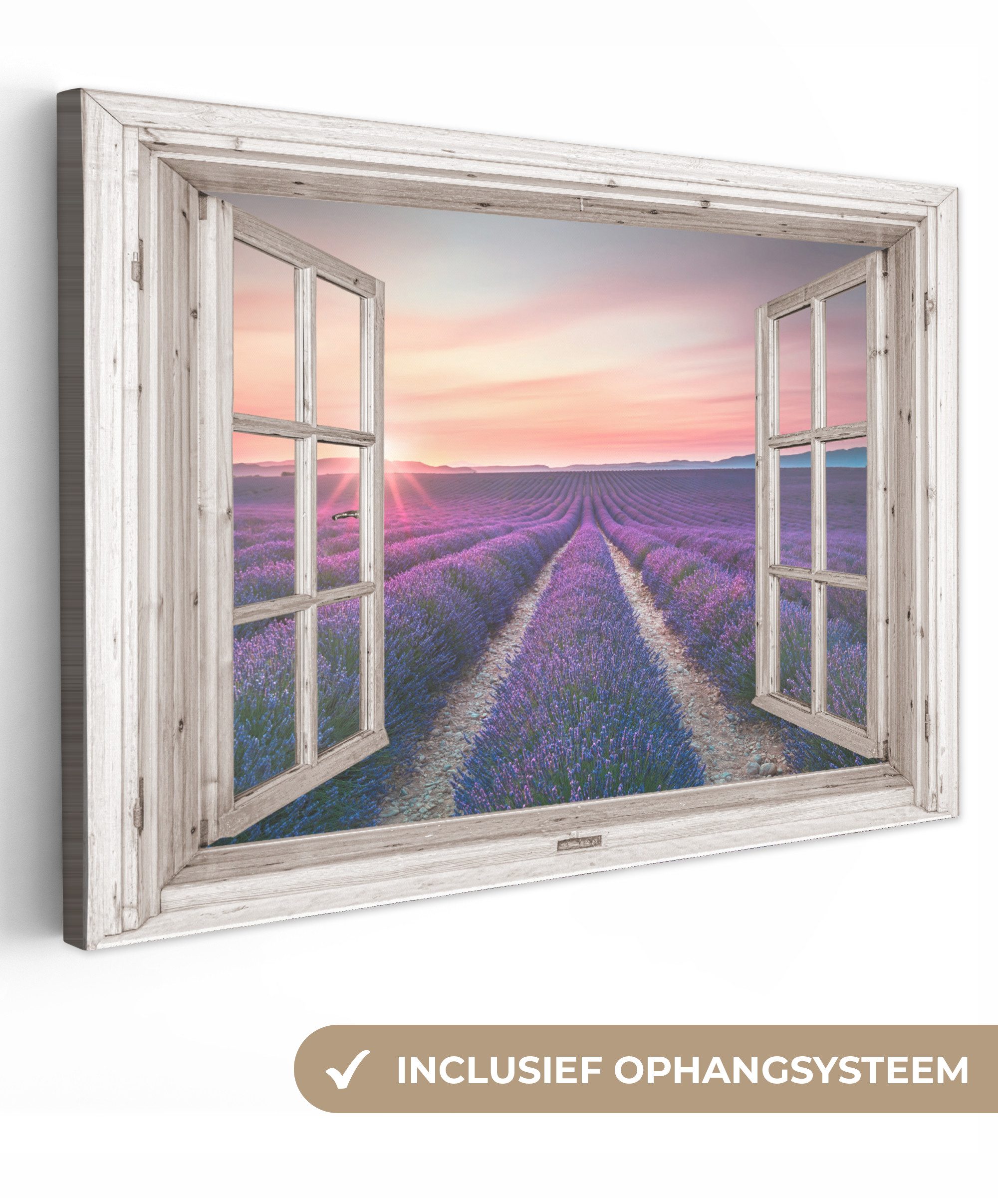 OneMillionCanvasses® Leinwandbild Fensterblick - Fenster - Lavendel - Blumen - Holz - Sonnenuntergang -, Fotodruck (1 St), Leinwand Bilder Klein, Wand Dekoration Aesthetic 30x20 cm