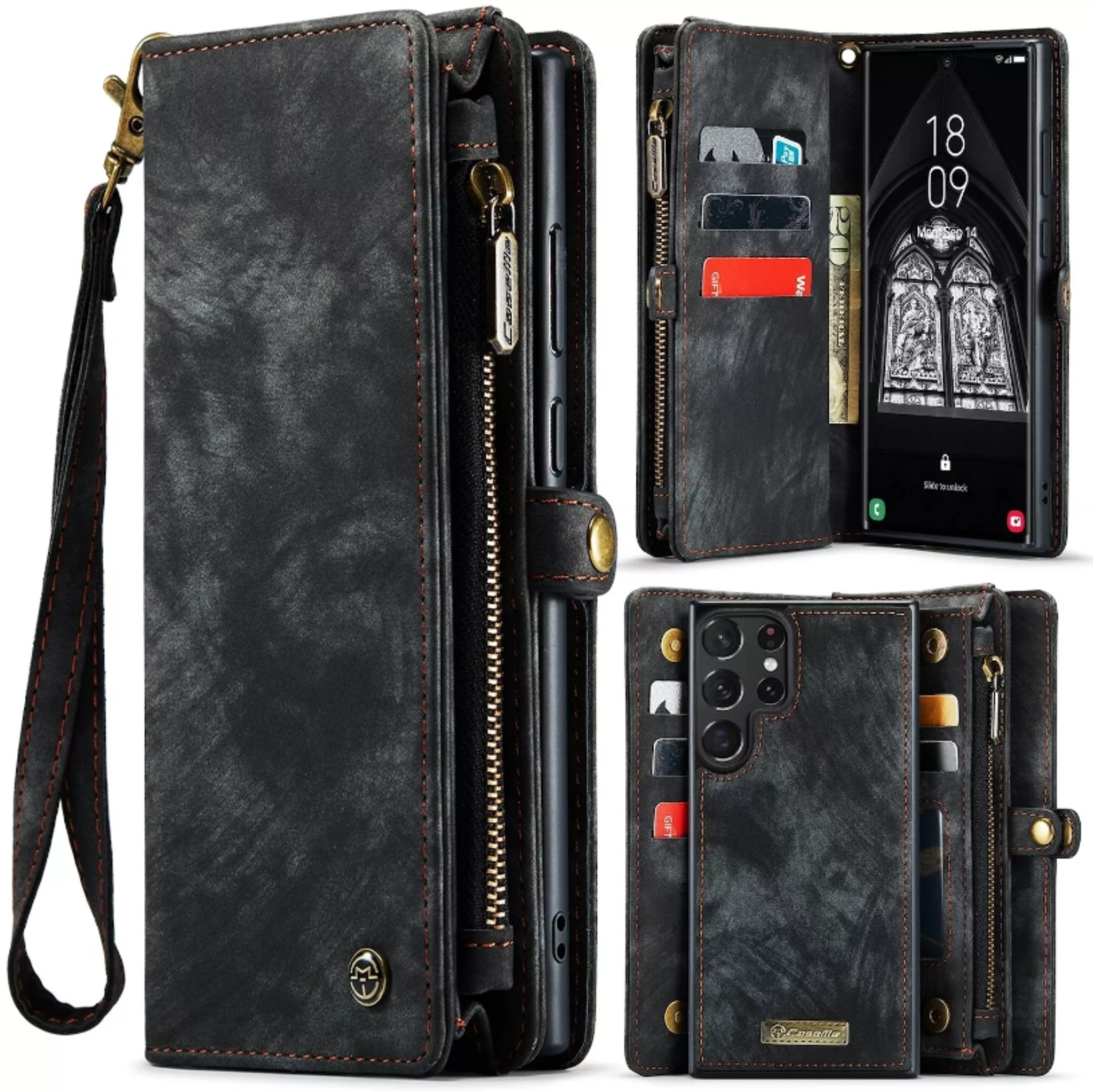 CaseMe Handyhülle Samsung Premium Hülle mit Zipper 2in1 Geldbörse Kartenfach Aufstellbar