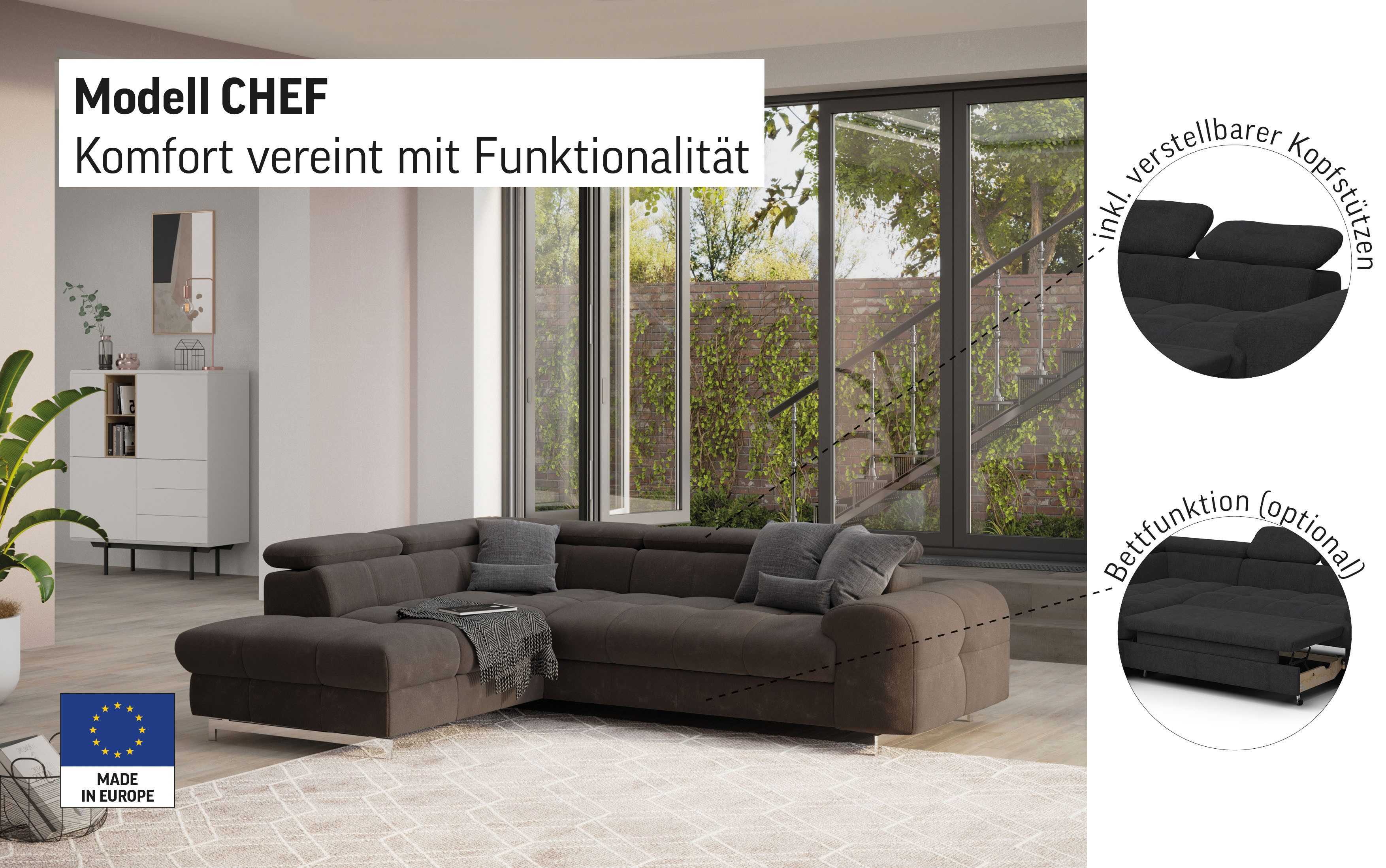 COTTA Ecksofa Chef L-Form, mit Kopfteilverstellung, edle Metallkufen, wahlweise mit Bettfunktion
