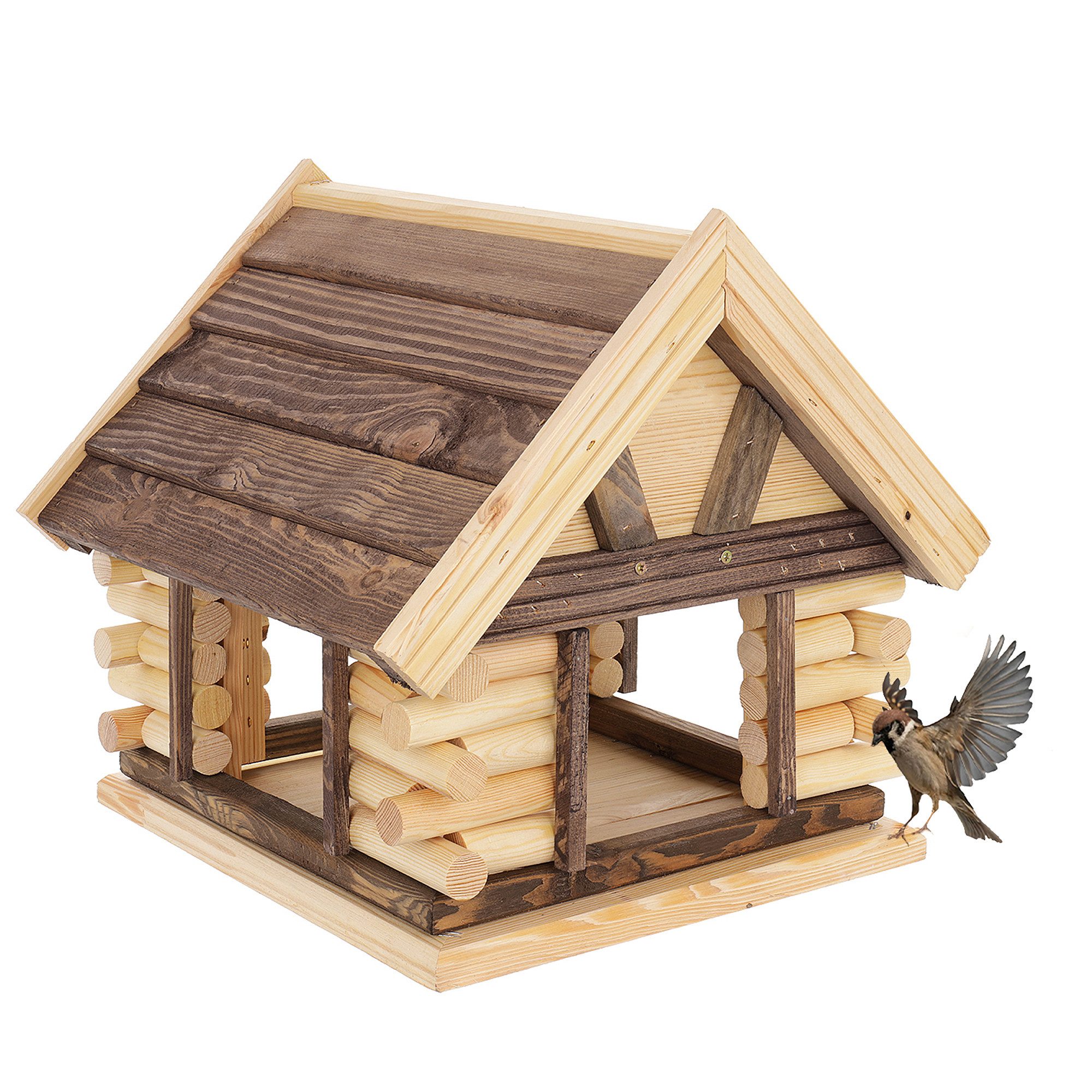 Futterstation Vogelfutterhaus aus Naturholz 38 x 39,5 x 34,5 cm