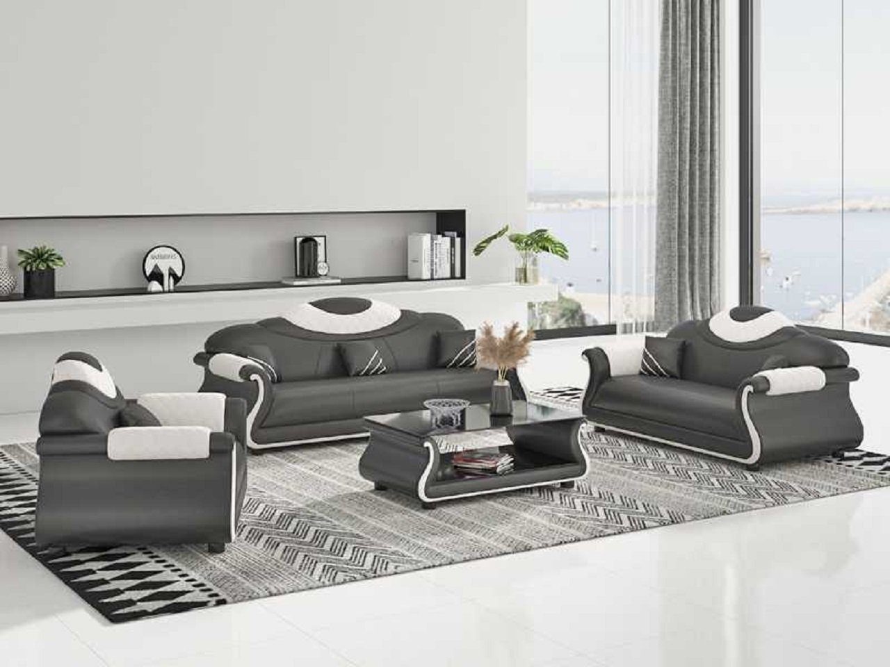 JVmoebel Wohnzimmer-Set Komplette Couchgarnitur Sofagarnitur 3tlg Sofas Sessel, (3-St., Nur Sofa 2+3 Sitzer + Sessel), Made in Europe Schwarz | Wohnwände