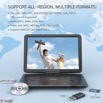 ieGeek 17,5’’ Tragbarer DVD Player mit 15,6’’ HD Display 6 Stunden Batterie Portabler DVD-Player (1280 x 800, Unterstützt USB/SD-Karte/Sync-TV, Autoladegerät, 32 GB Festplatte, Lautsprecher mit hoher Lautstärke, Freie Region, Fernbedienung)