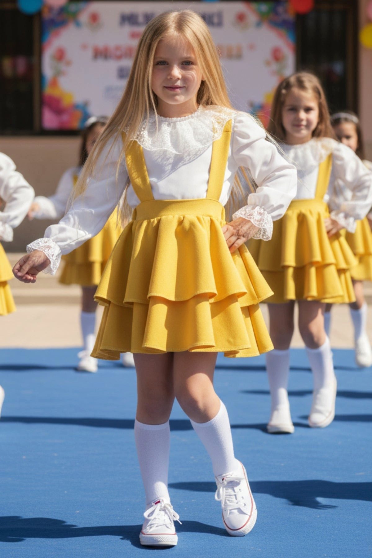 Parla Kids Shirt & Rock Gelbes Kleid mit Trägern dazu weiße langarm Bluse mit Spitzendetails