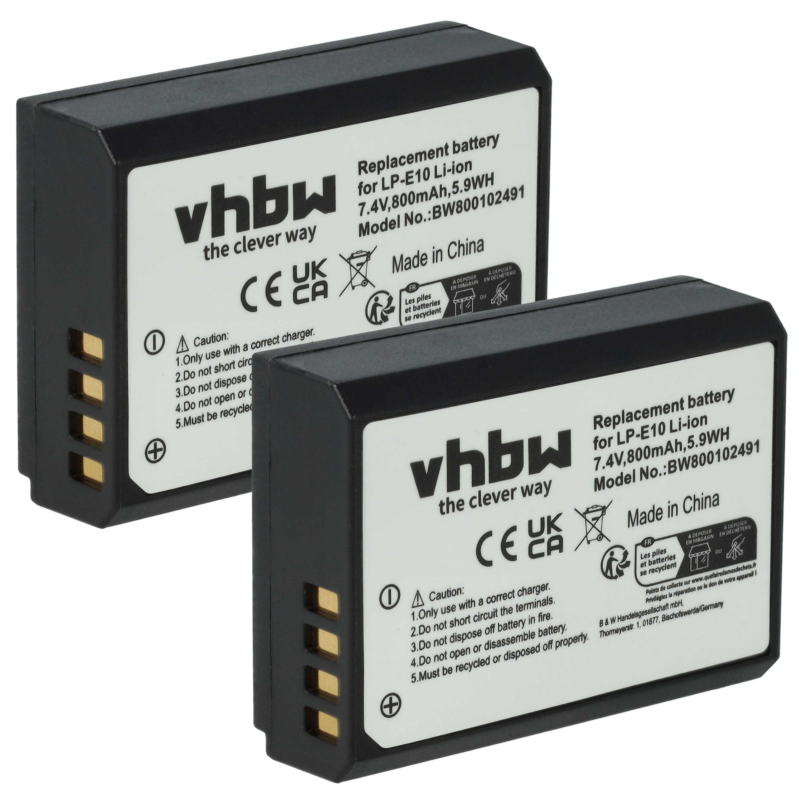 vhbw Akku passend für Canon EOS 1100D, 1D X, 2000D, 1200D, 3000D, 4000D, Kamera-Akku Akku Li-Ion 800 mAh (7,2 V, 2 St), Leistungsfähige Austausch-Akkus für Digitalkamera, Spiegelreflexkamera