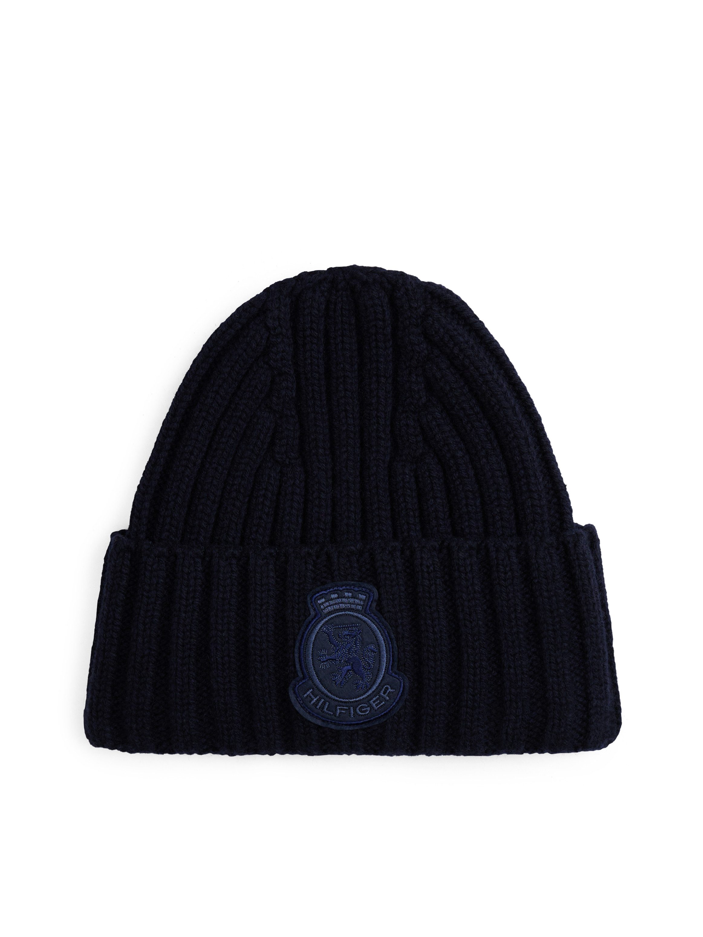 Tommy Hilfiger Beanie TH CREST FLUFFY aus reiner Wolle, TH-Wappen-Patch an Umschlag