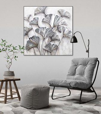 KUNSTLOFT Gemälde Zarte Blätter 80x80 cm, Leinwandbild 100% HANDGEMALT Wandbild Wohnzimmer