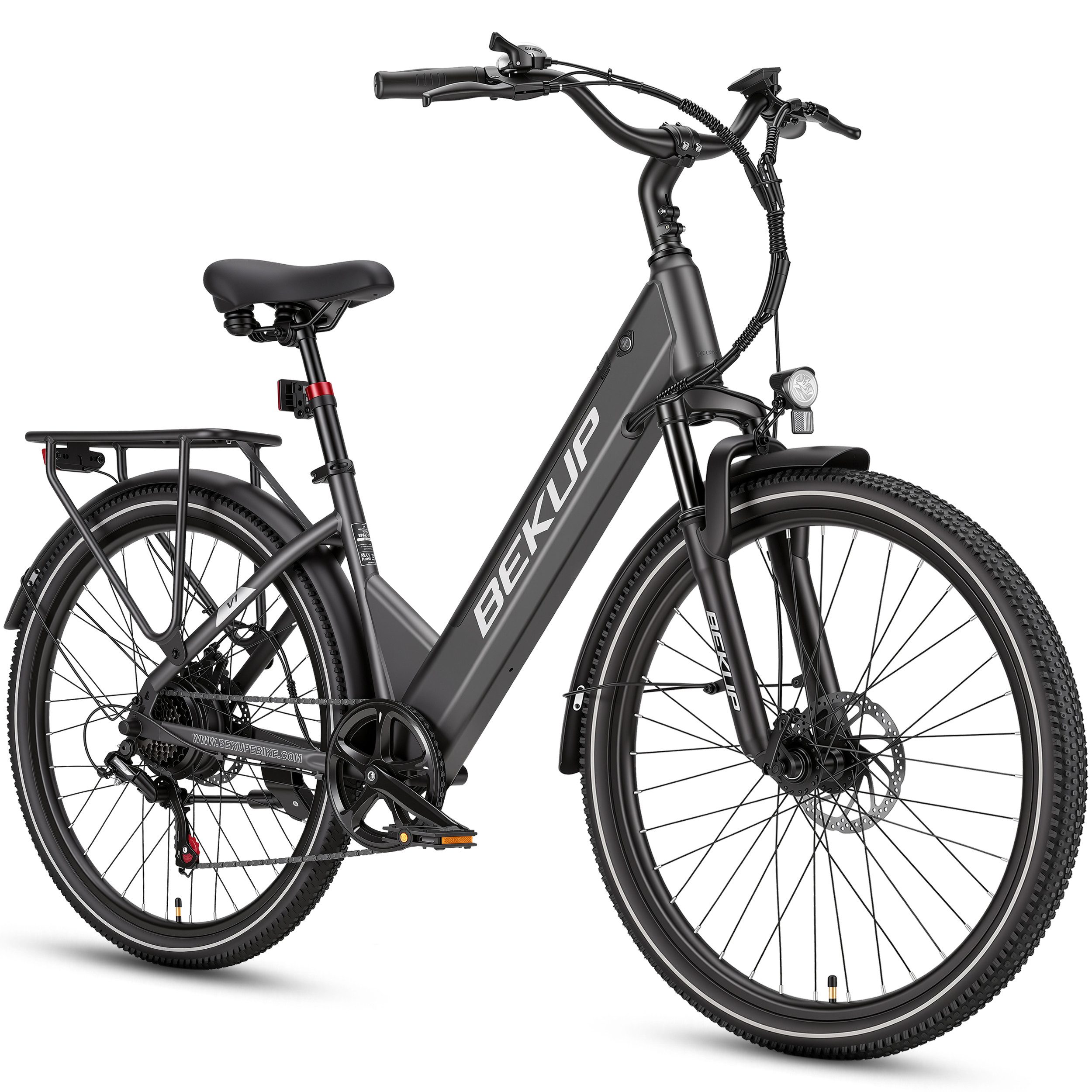 BEKUP E-Bike Cityrad V1 26 Zoll Cityrad Herren u. Damen, 522 Wh Akku, 45 Nm, Tiefeinsteiger, 7 Gang Shimano Shimano Tourney TZ Schaltwerk, Kettenschaltung, Heckmotor, 522 Wh, (Komplettset, E-Bike inklusive Akku und Ladegerät), Entspannt pendeln – bis 120 km, Federgabel und Komfortsattel
