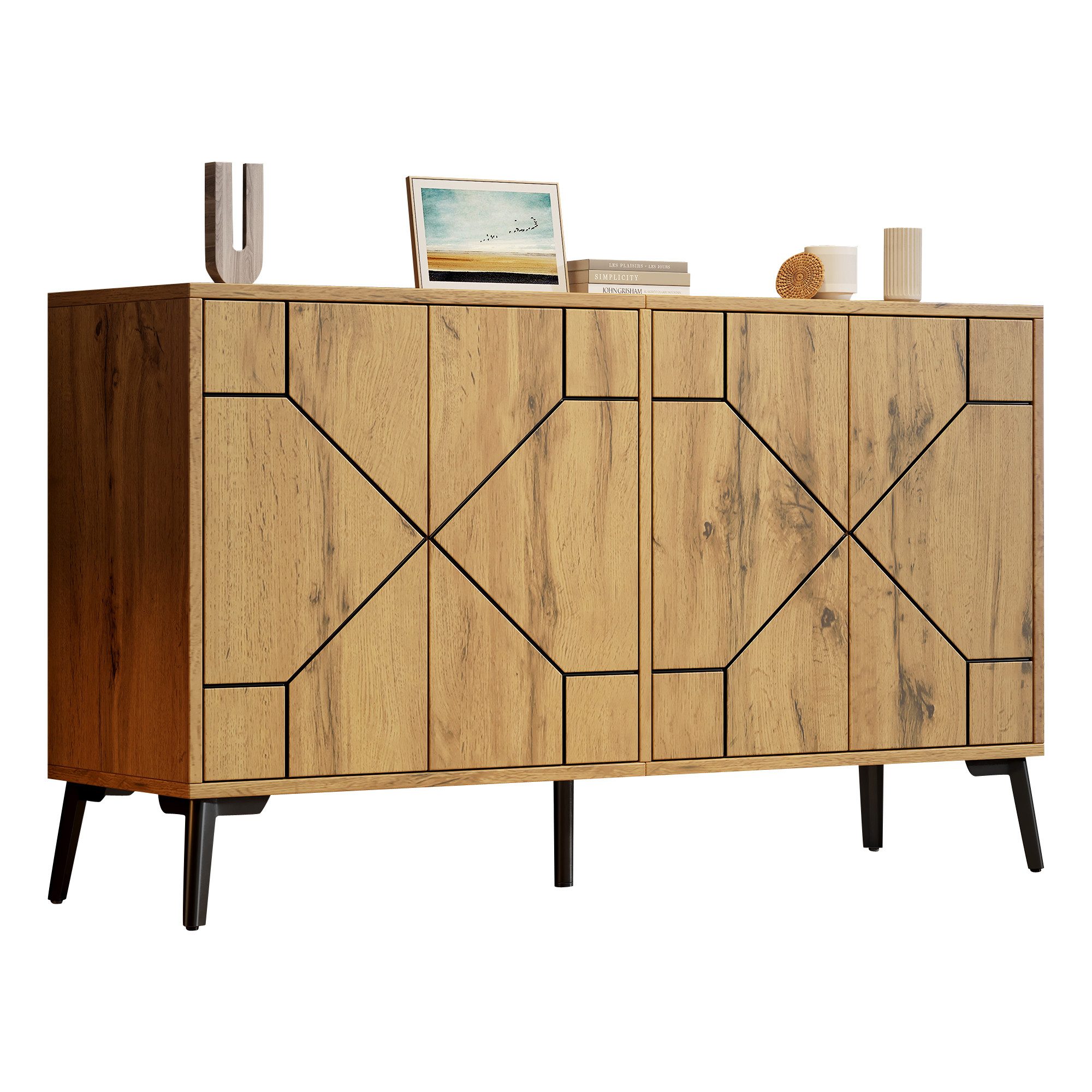Merax Sideboard mit 4 Türen und großem Stauraum, Kommode mit Push-to-Open Mechanismus (120x35x69cm, 1 St), Aufbewahrungsschrank mit Wellenmuster, Küchenschrank in Holzoptik