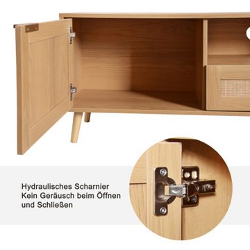 XDeer Sideboard TV-Konsolentisch,TV-Schrank mit echtem Rattandesign, TV-Schrank, mit massiven Holzfüßen,Geflochtener Rattan-TV-Boards - 200*37*49cm