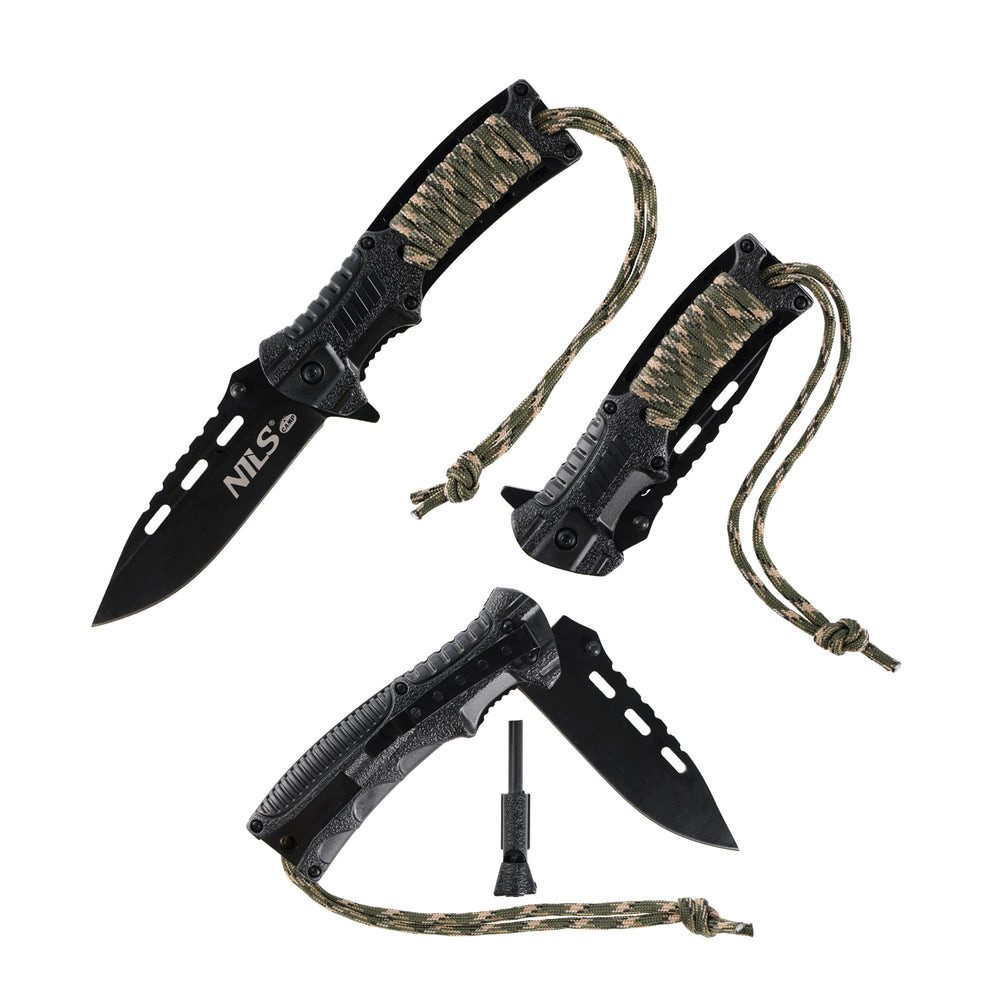 NILS CAMP Fahrtenmesser Klappmesser Outdoormesser Survivalmesser, (Spar-Set, 1 St., 21 cm handlich), Liner Lock, Paracord, Feuerstein, Pfeife, Gürtelclip