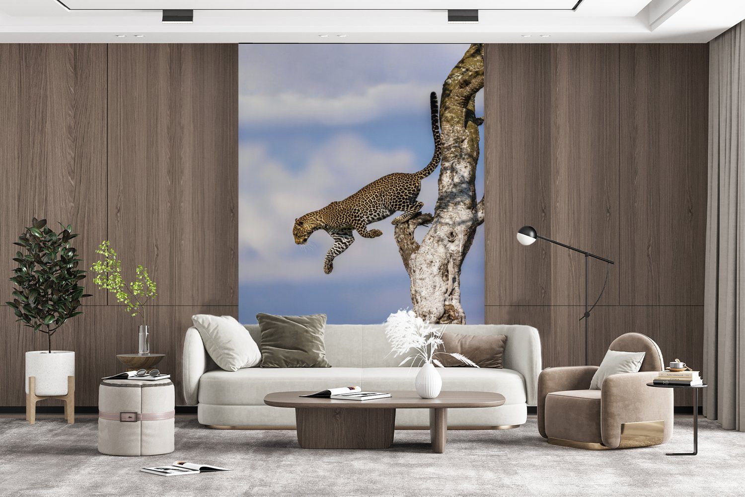St), bedruckt, Wohnzimmer, Wandtapete Montagefertig für Leopard Tapete Sprung, (3 MuchoWow Fototapete Vinyl - Matt, - Baum