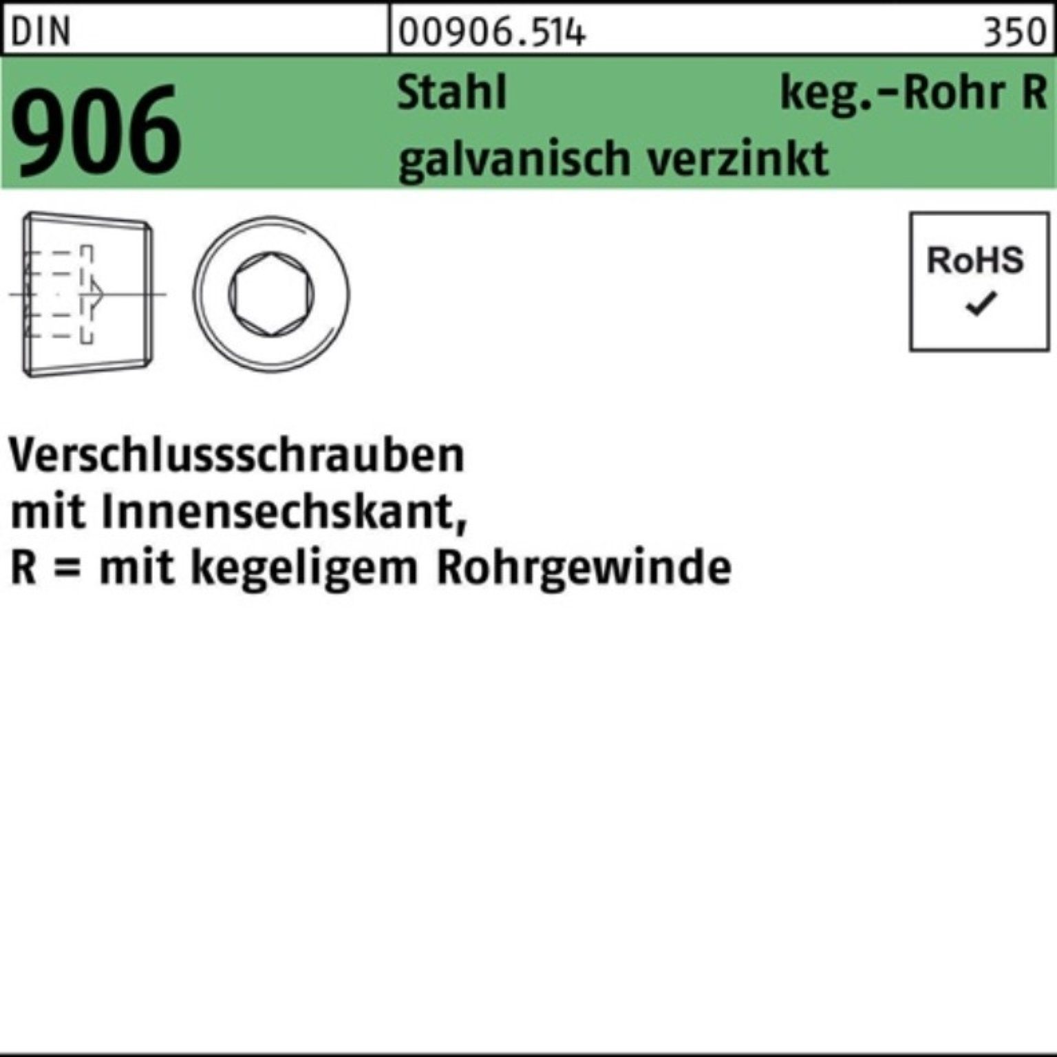 Reyher Schraube 100er Pack Verschlußschraube DIN 906 Innen-6kt R 1 Stahl galv.verz. 2