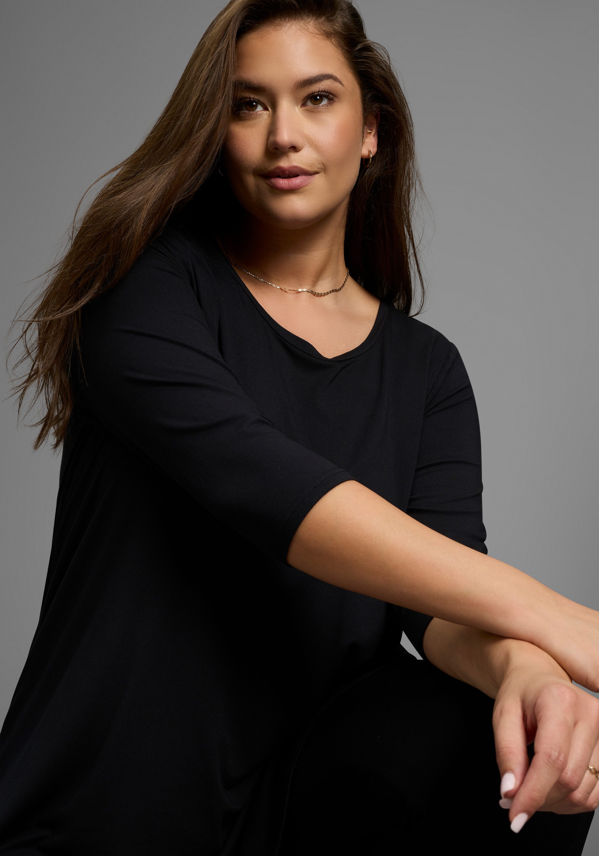 Laura Scott CURVE Tunikashirt mit 3/4-Ärmeln in schmeichelnder A-Linie – GROSSE GRÖSSEN