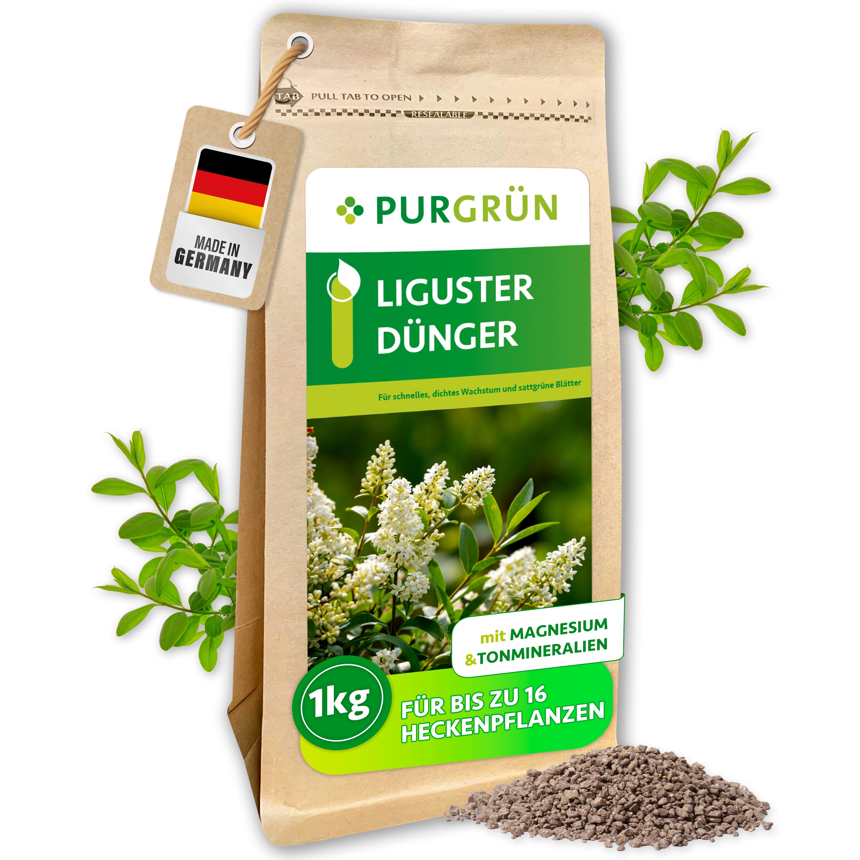 Purgrün Gartendünger Liguster Dünger, NPK 8+4+5, Magnesium für Blätter, 1 kg, Granulat, 1-St., 1 kg