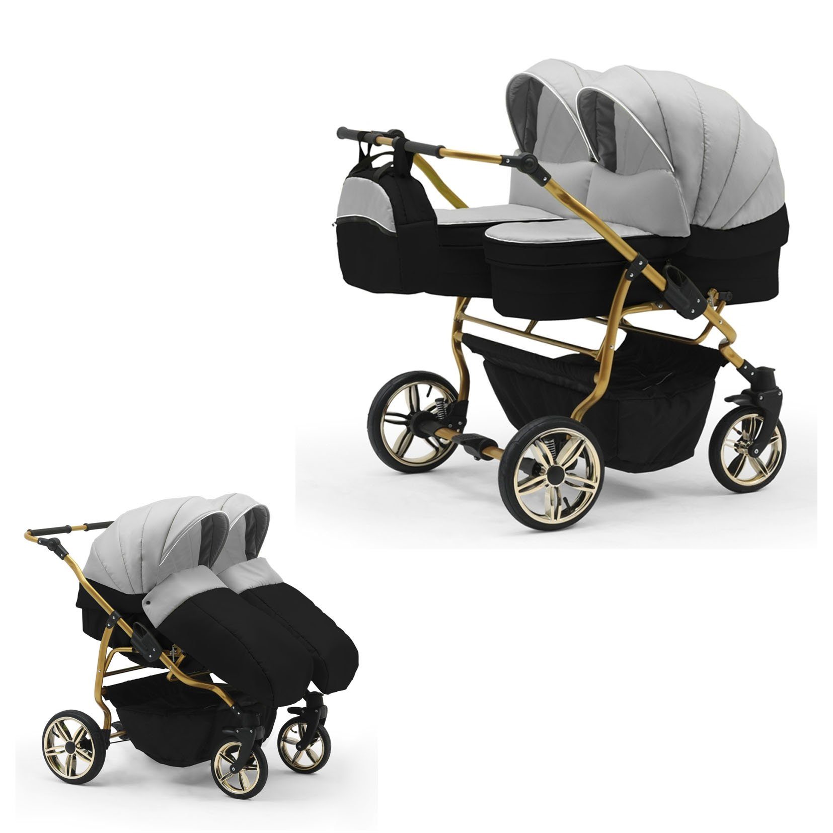 babies-on-wheels Zwillingswagen Zwillingskinderwagen 2 in 1 Duet Lux - 10 Teile - in 33 Farben Silber-Schwarz