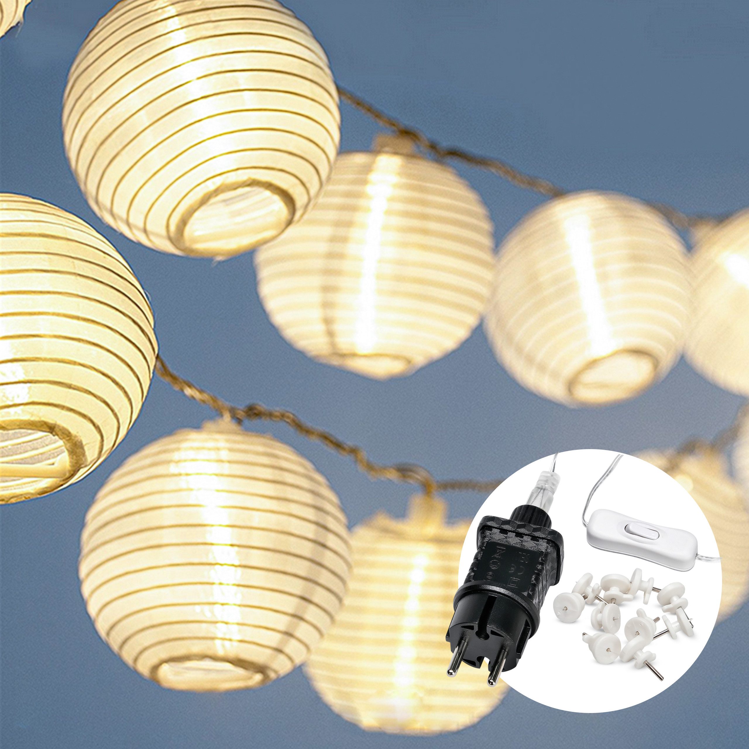 COZY HOME LED-Lichterkette Lampion Lichterkette - Batterie, Stecker und Solar, 20 Lampion LEDs I Timer-Funktion I 7 Meter mit 8 Mod I Wetterfest