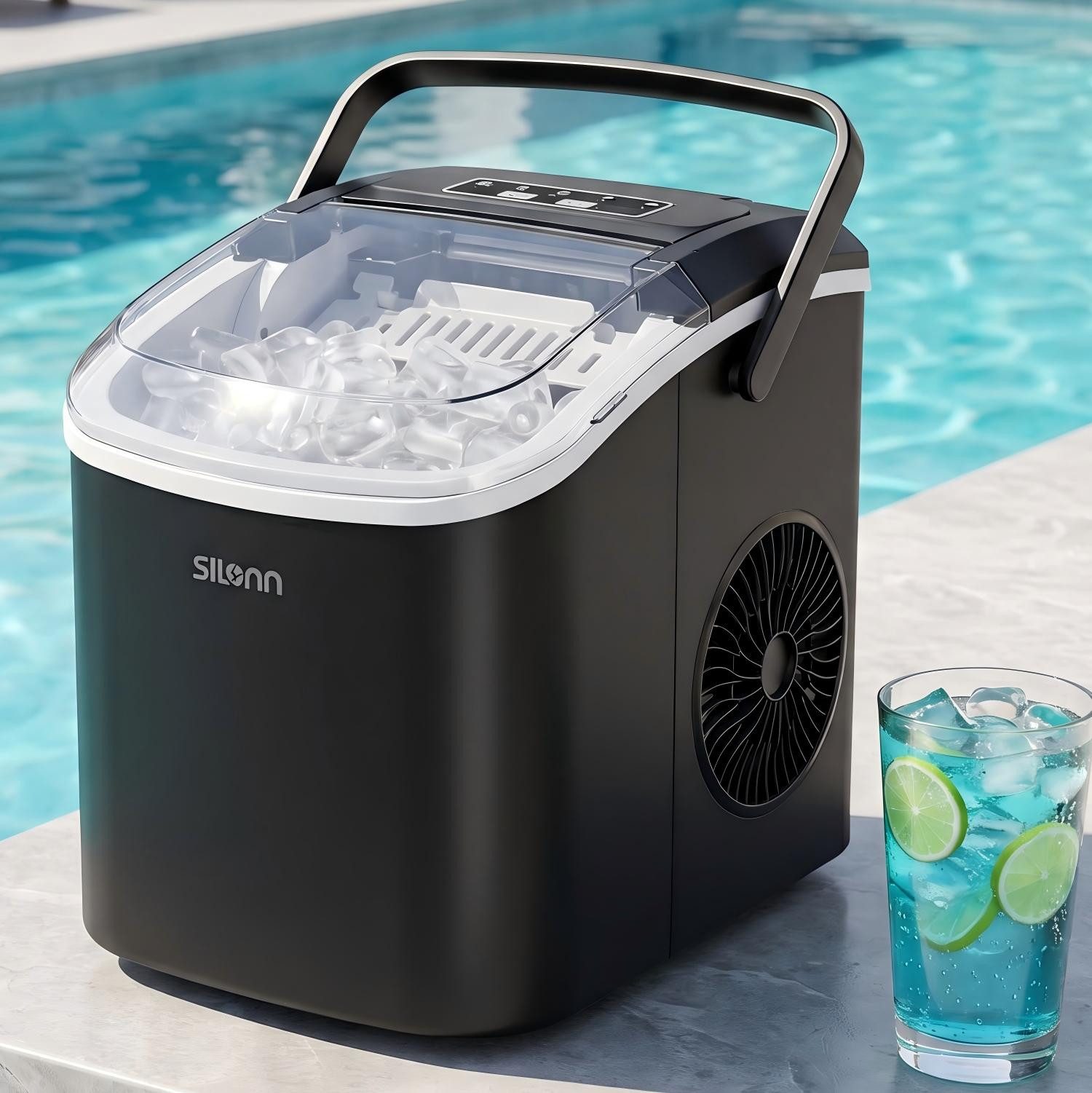 Silonn Eiswürfelmaschine Eiswürfelmaschine kompakt, 2 Eisgrößen, Selbstreinigung, tragbar, 6-minütige Eisherstellung