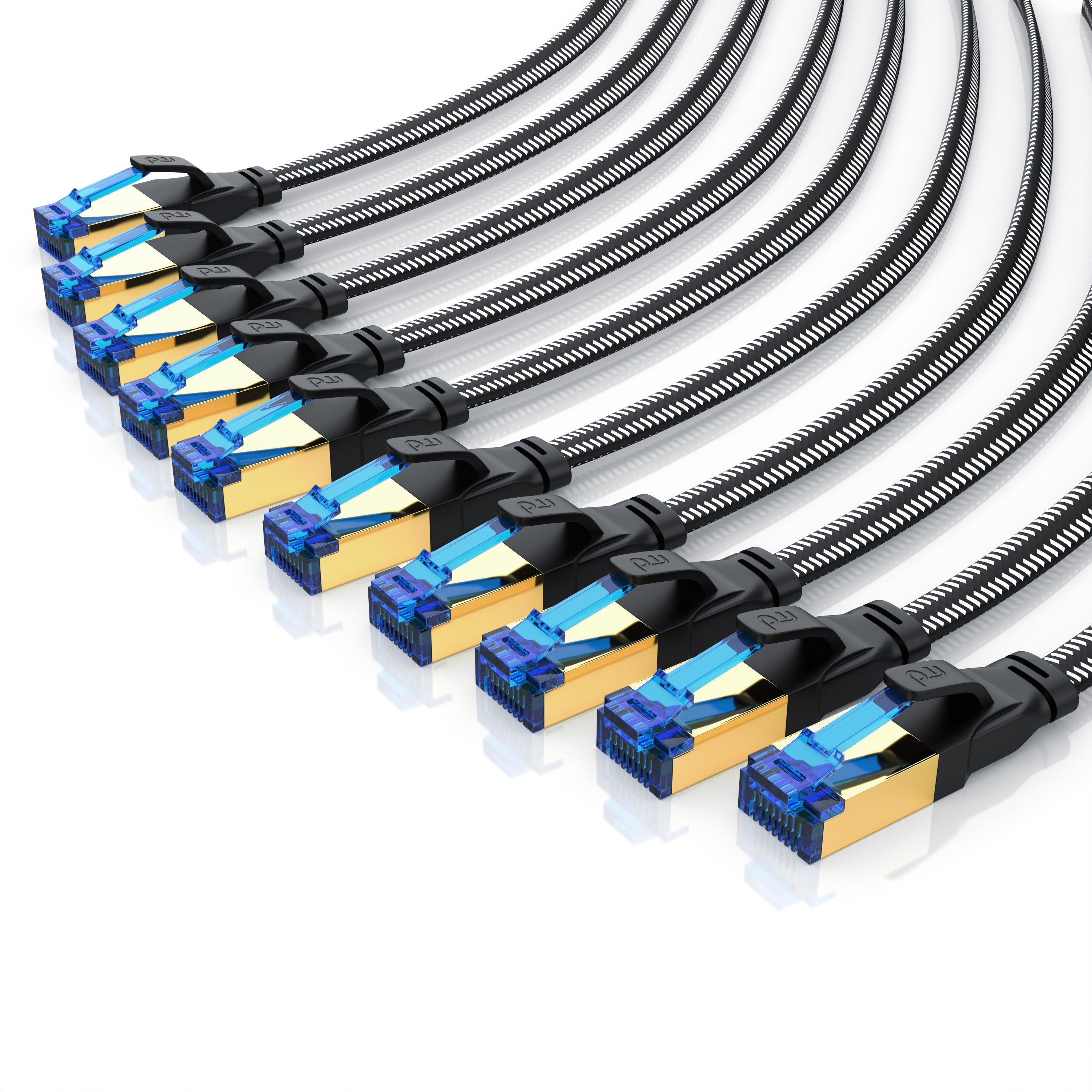 Primewire Patchkabel flach CAT 8, Baumwollmantel, Flachband Netzwerkkabel - 0,5m LAN-Kabel, CAT.8, RJ-45 (Ethernet) (50 cm), für Router, Modem, Switch, PC, ideal für Gaming, Streaming, Homeoffice