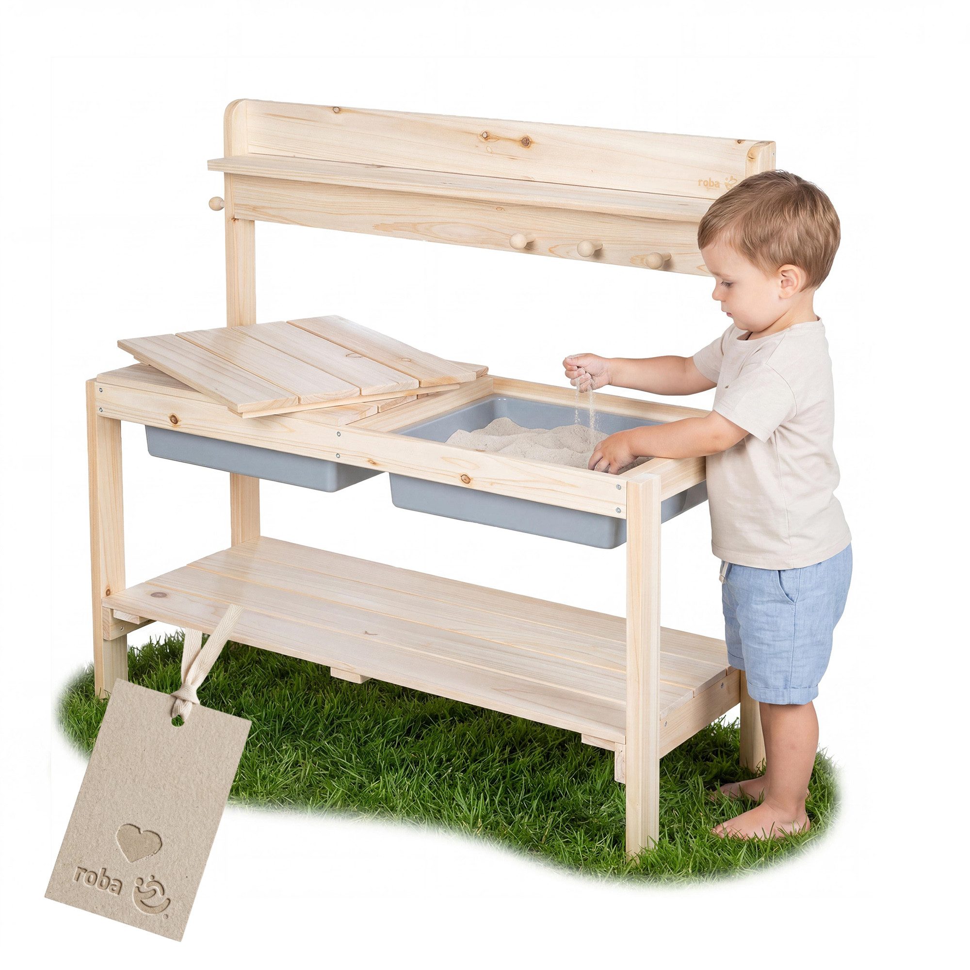 roba® Outdoor-Spielküche FUN Massivholz, Kinderküche mit abnehmbarer Abdeckung und Spielwanne