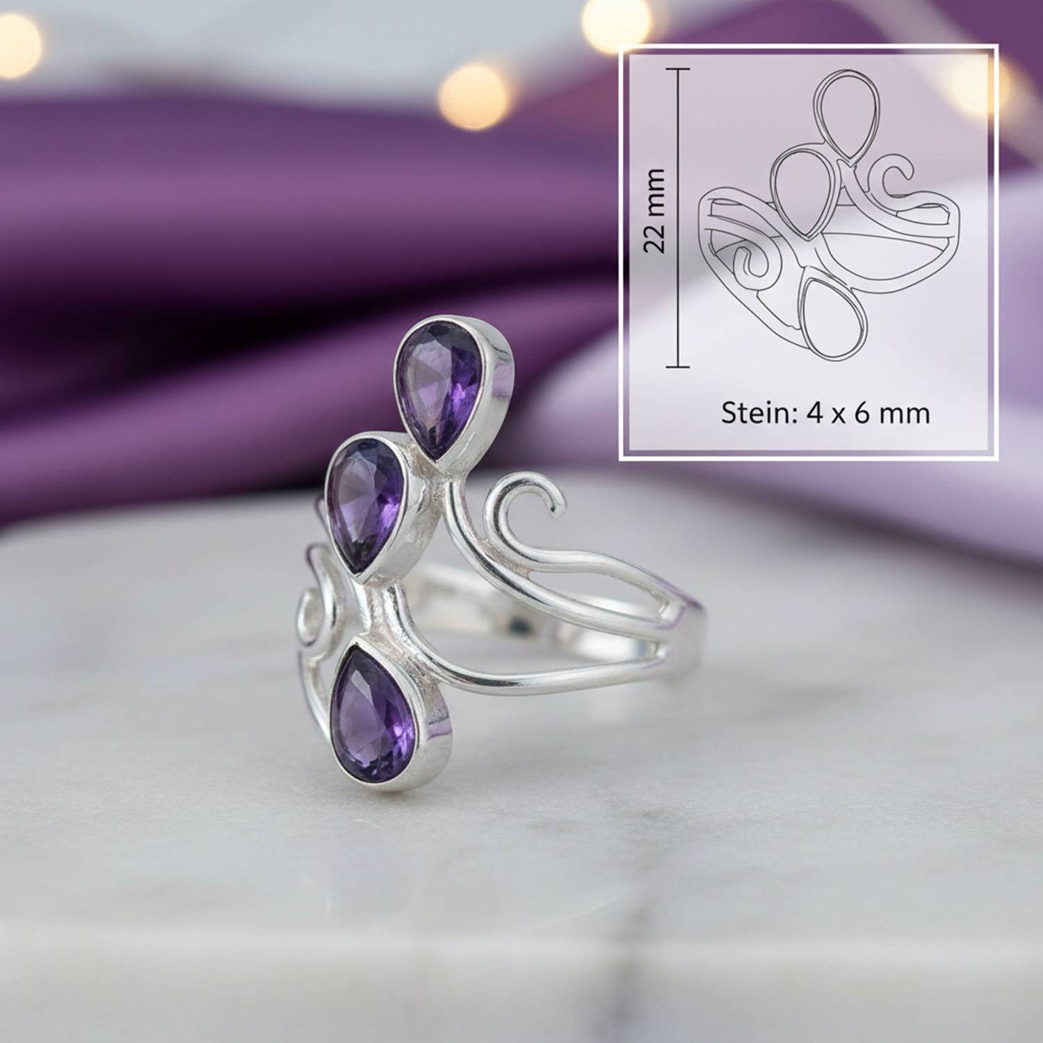 mantraroma Silberring SIDISTI aus 925 Silber mit Amethyst (Ring mit Schmuckbeutel), Damenring aus 925er Silber