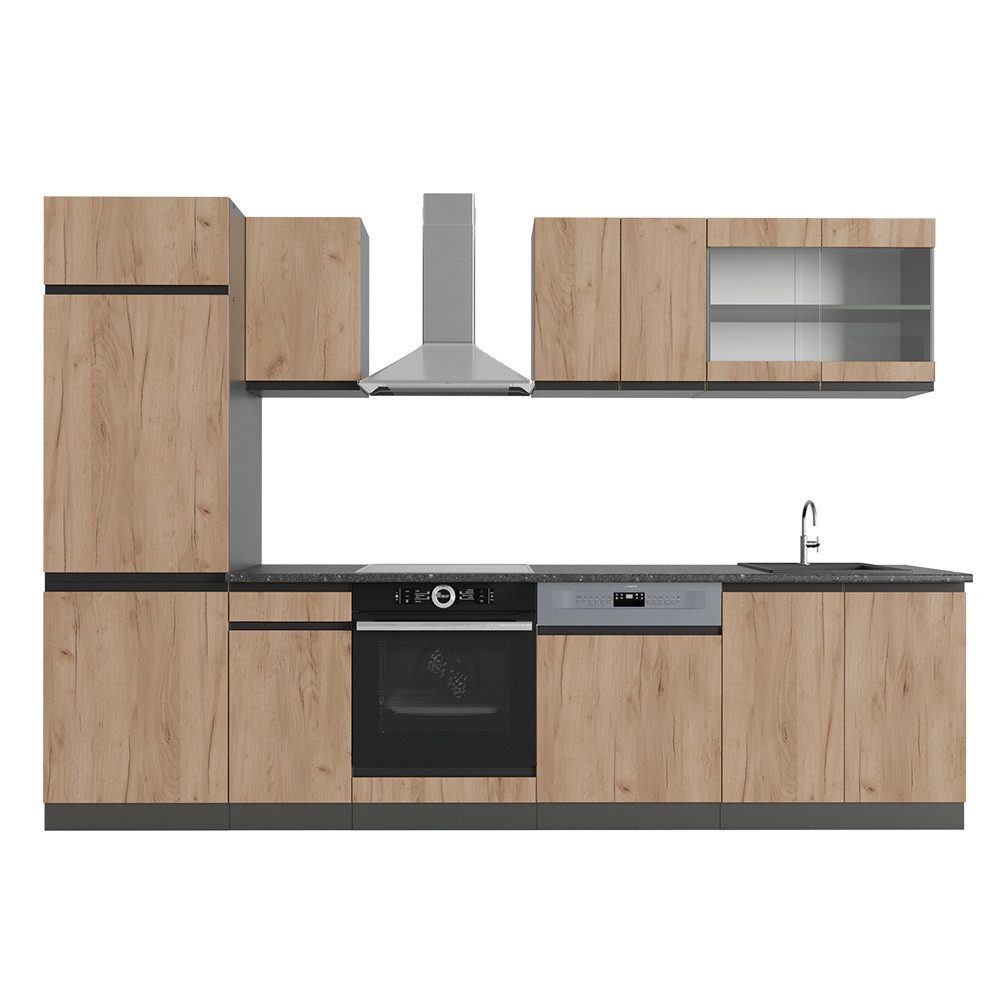 Küchenzeile R-Line, Goldkraft Eiche/Anthrazit, 300 cm, AP Anthrazit