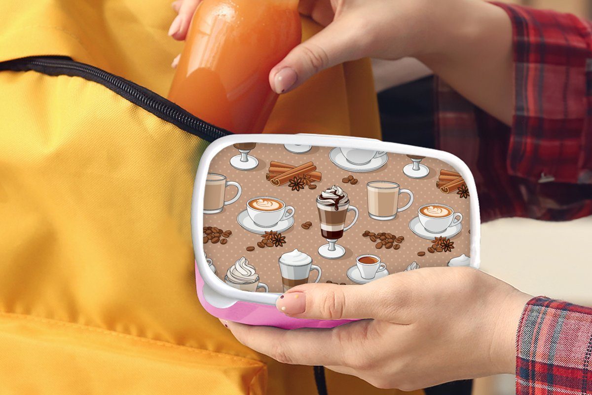rosa Mädchen, Brotbox Brotdose Cappuccino Schokolade, Muster MuchoWow Kaffee Lunchbox - für Kinder, - Kunststoff, (2-tlg), Kunststoff - Snackbox, Erwachsene,