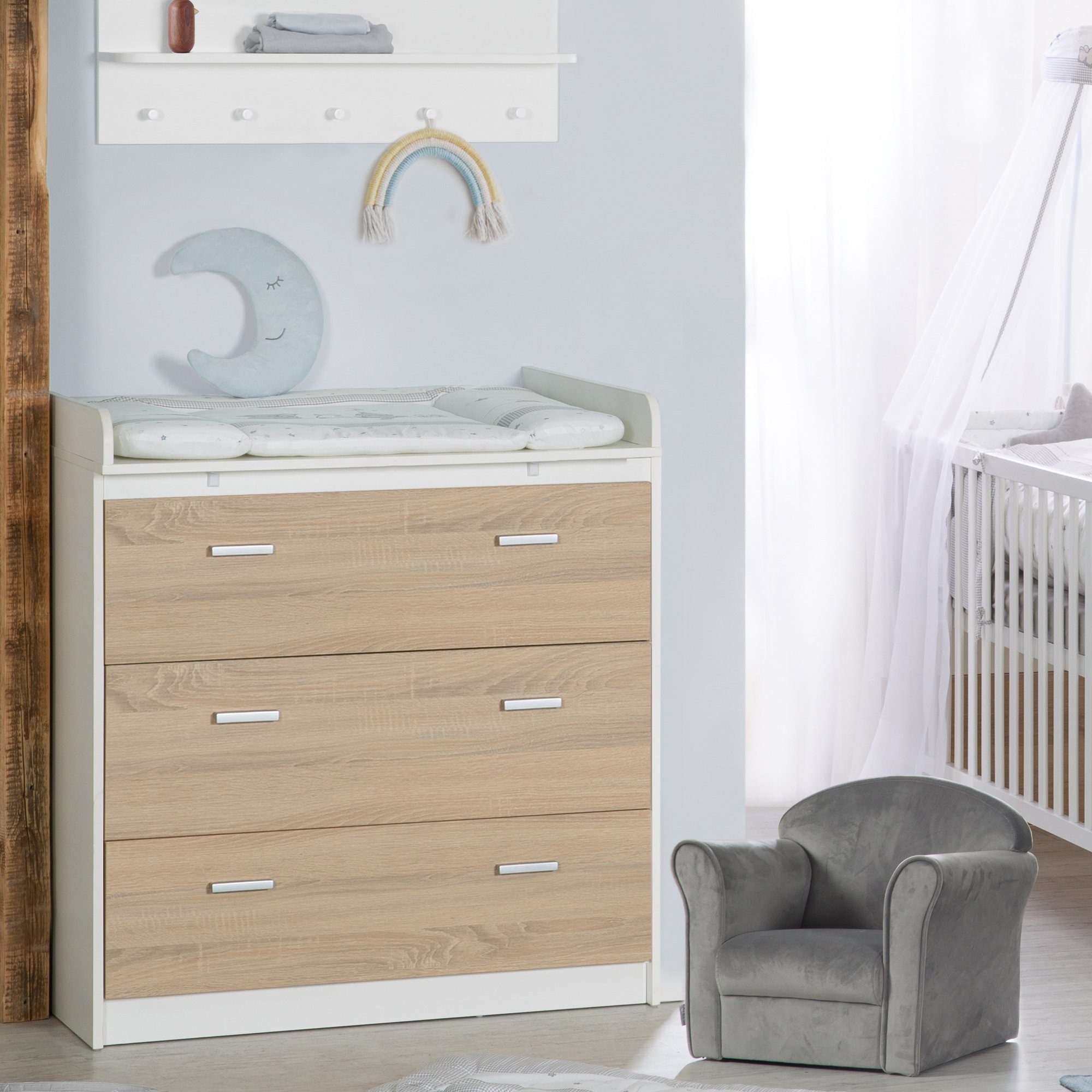 roba® Babyzimmer-Komplettset Gabriella 3-teilig - Aus Holz - Bicolor - Weiß & Sonoma Eiche, (Set 3-teilig, mit breiter oder schmaler Wickelkommode), Gitterbett, Wickelkommode & Kleiderschrank 3-türig