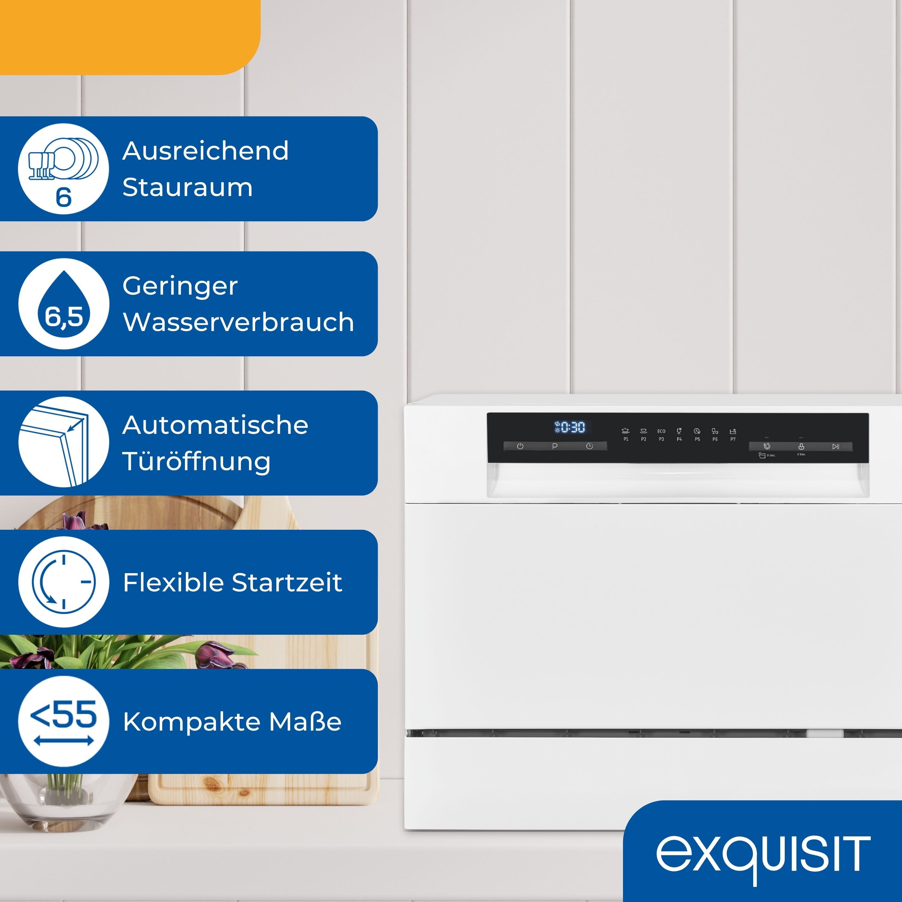 exquisit Tischgeschirrspüler GSP5206-030D, 6.5 l, 6 Maßgedecke, 6 Maßgedecke, 6,5 Liter, Auto-Door-Open, Startzeitvorwahl, LED-Display