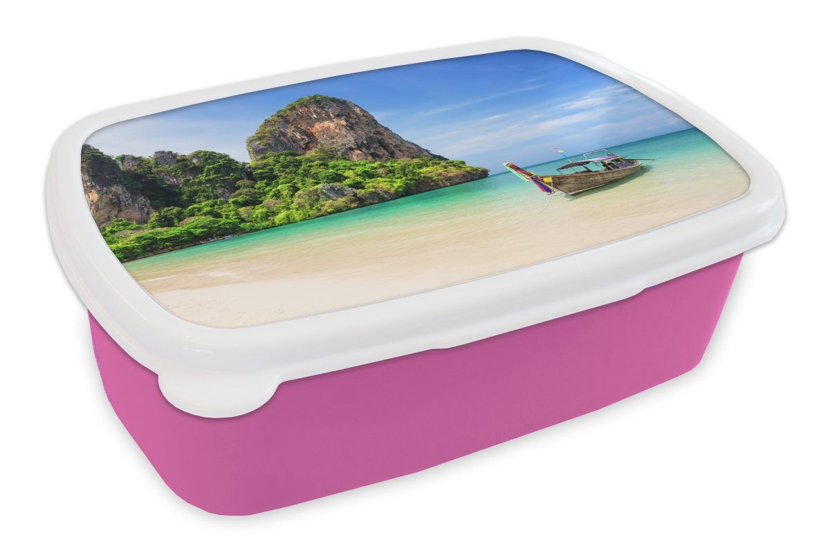 MuchoWow Lunchbox Strand - Meer - Thailand - Boot, Kunststoff, (2-tlg), Brotbox für Erwachsene, Brotdose Kinder, Snackbox, Mädchen, Kunststoff rosa
