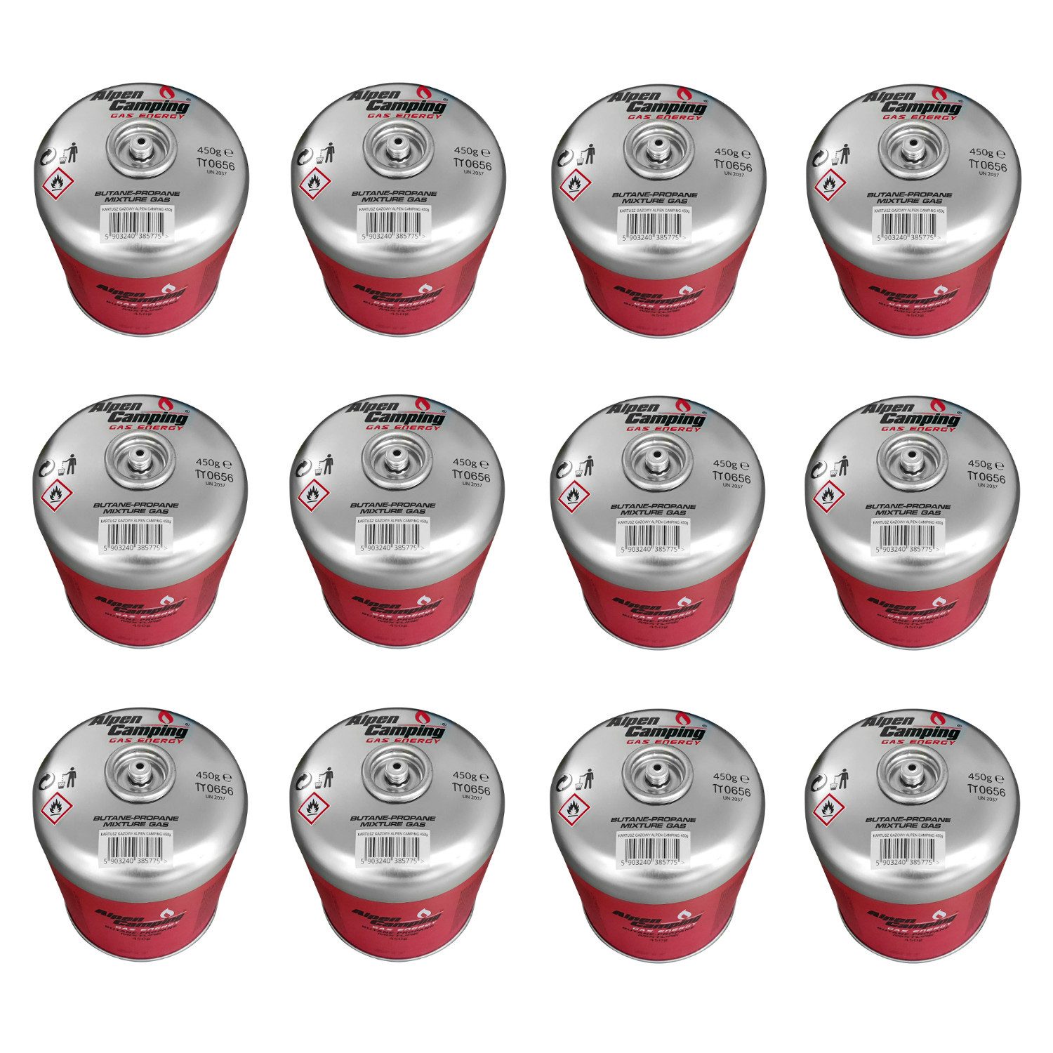 Alpen Camping Gaskartusche IK020, 12 St., 450g Gaskartusche für Kocher