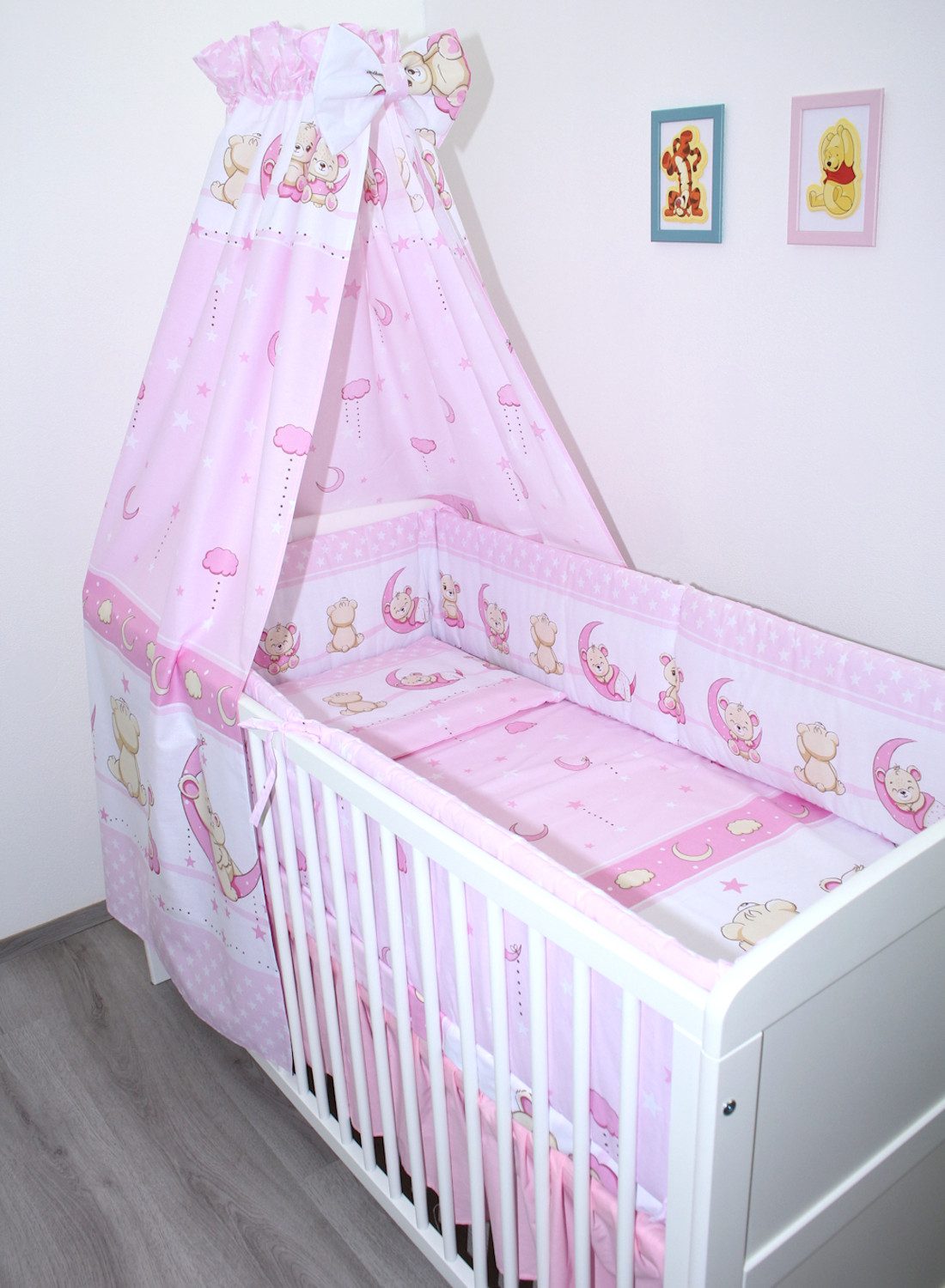 Babybettwäsche Baby Bettset- 6 teiliges mit 420 Nestchen Vollstoff Himmel Bettwäsche