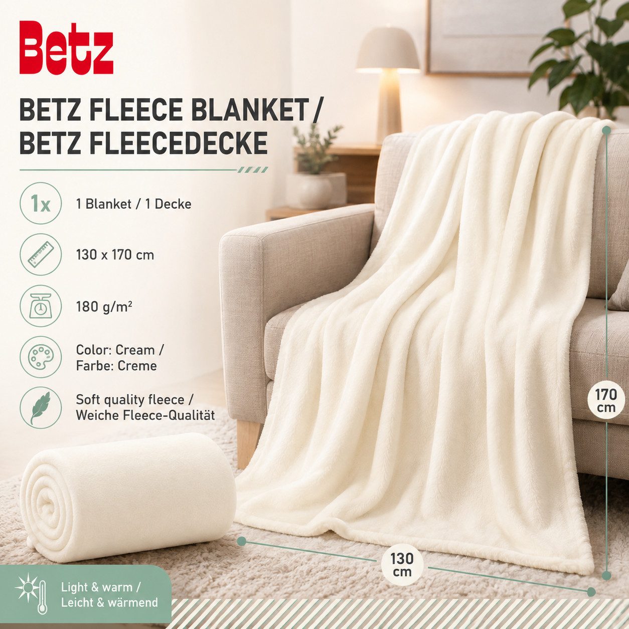 Wohndecke Betz Fleecedecke 130x170 cm 180g/m² – Weiche Wohndecke & Kuscheldecke, Betz, Leicht, wärmend & pflegeleicht – Bild 2 von 5