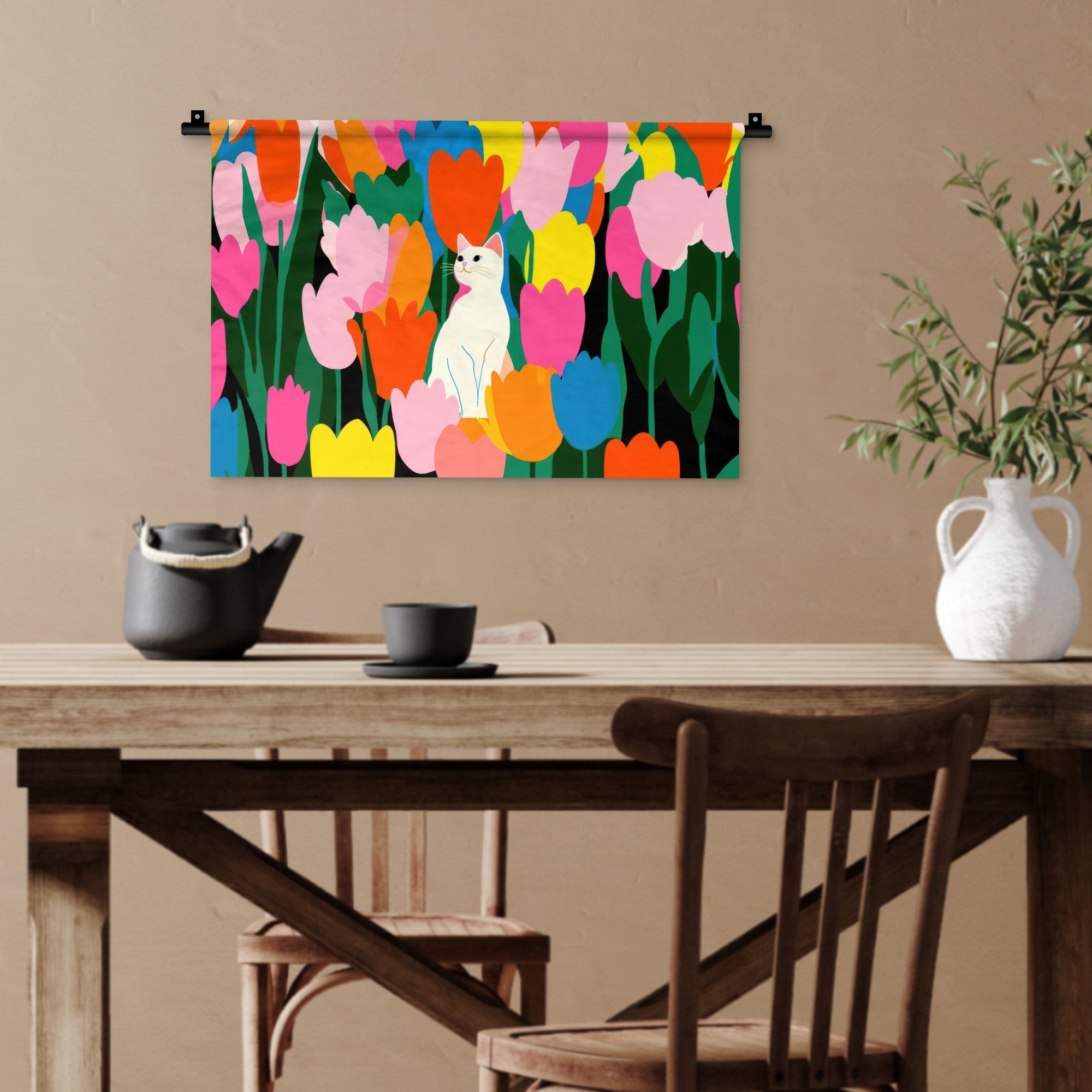 MuchoWow Wandteppich Tulpen - Katze - Farbenfroh, Rechteckig, Höhe: 3 mm, Wandteppich für Wohnzimmer, Schlafzimmer, 60x40 cm