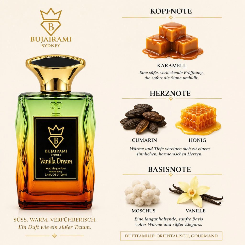Bujairami Duft-Set Vanilla Dream EDP – Süß Gourmand + Parfümzerstäuber (leer)