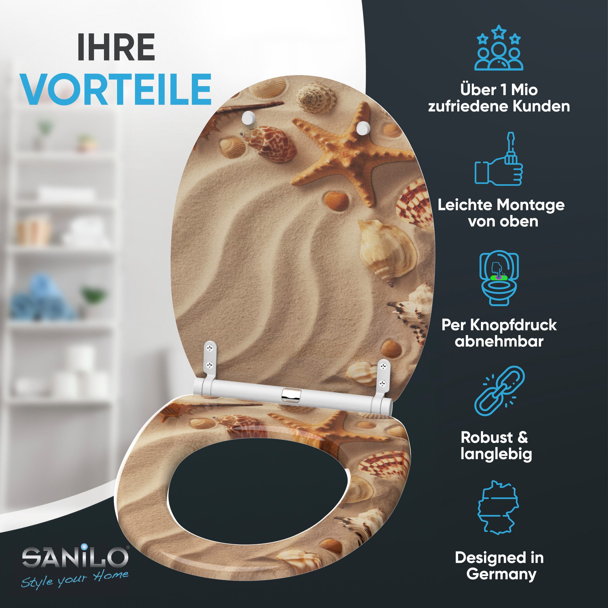 Sanilo WC-Sitz mit Absenkautomatik, viele Toilettendeckel direkt vom Hersteller, hochwertig & modern, universell, leichte Montage