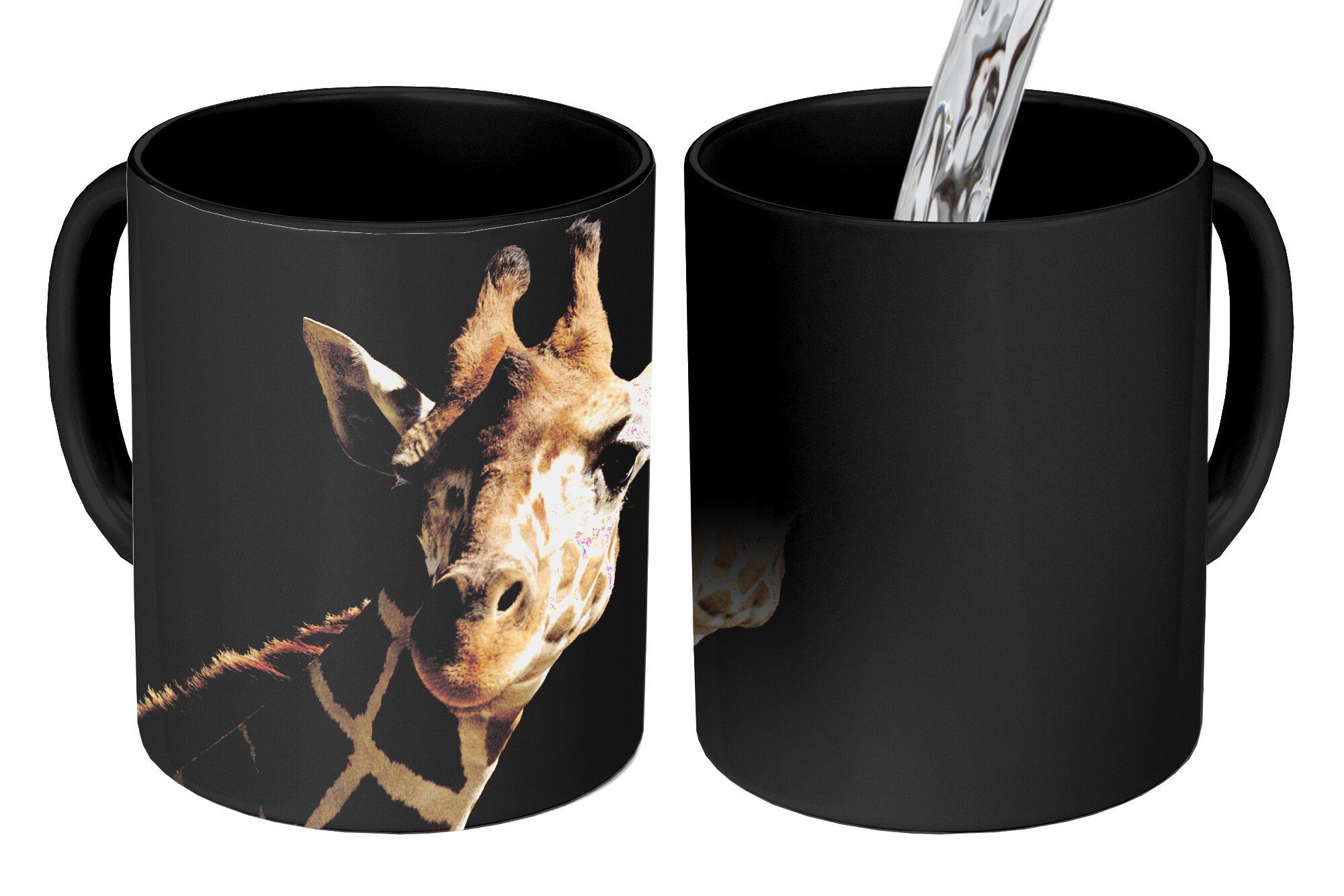 MuchoWow Tasse Giraffe Porträt für schwarzen Hintergrund, Keramik, Farbwechsel, Kaffeetassen, Teetasse, Zaubertasse, Geschenk