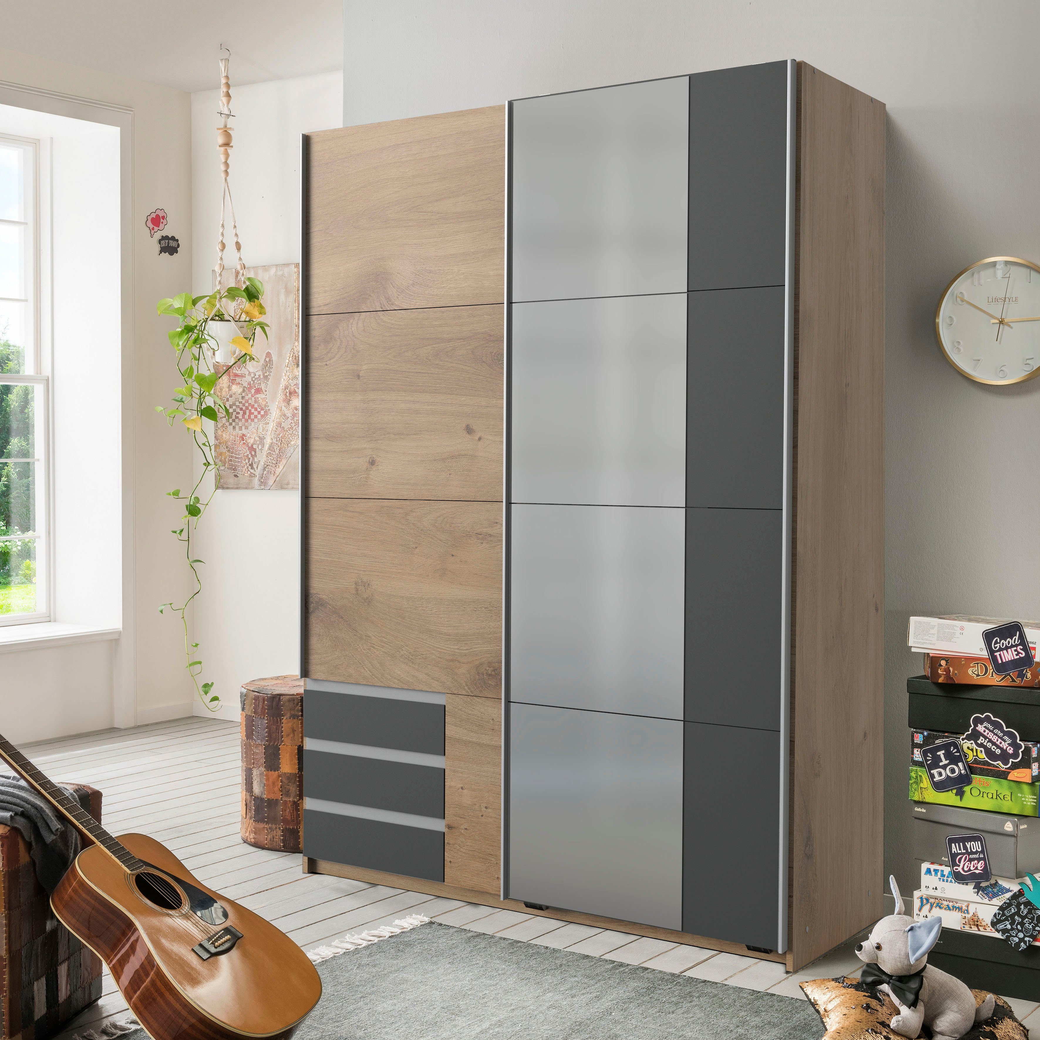 Wimex Schwebetürenschrank Emden moderner Kleiderschrank mit Spiegel und Schubladen Schlafzimmer Schrank Garderobenschrank mit Schwebetüren Topseller