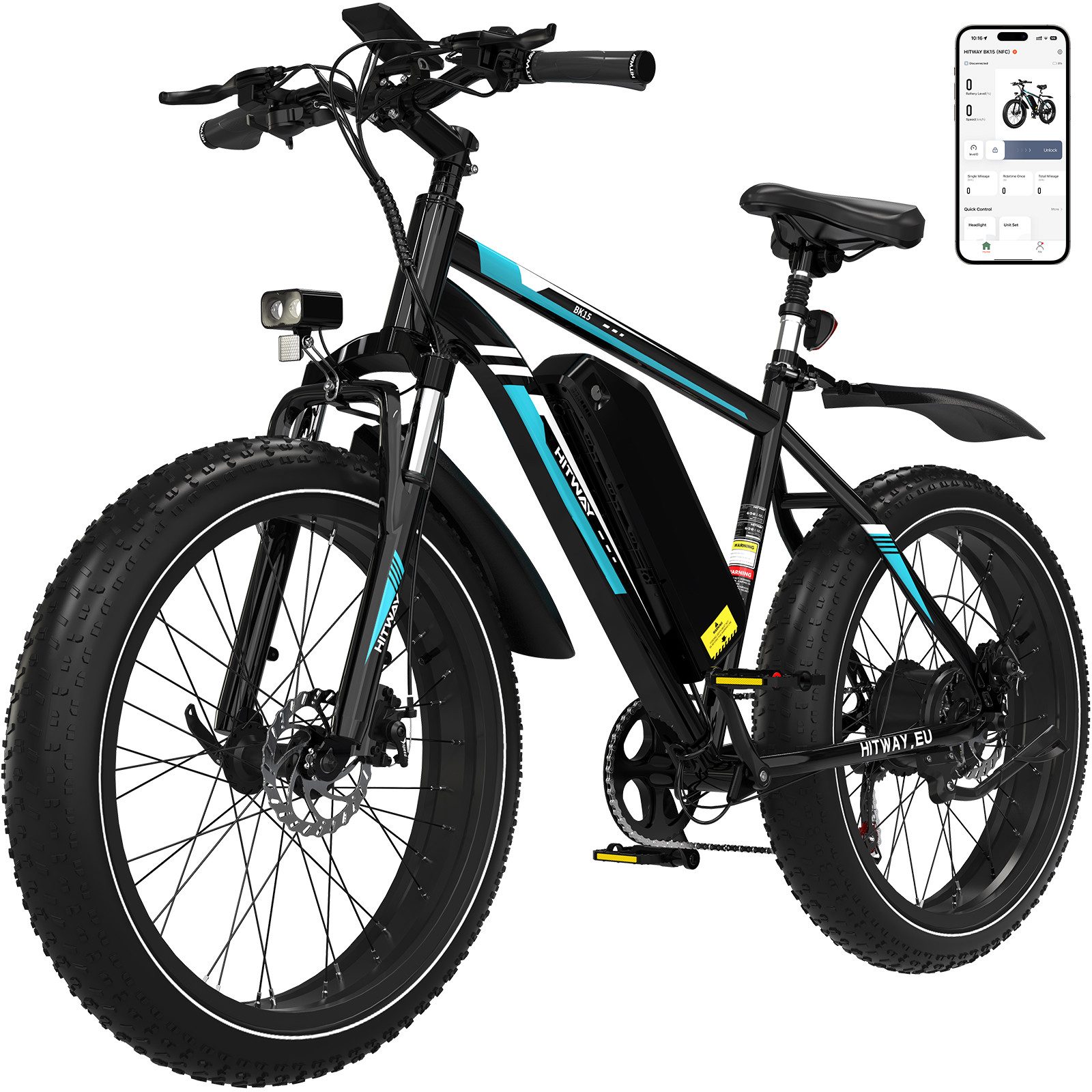 HITWAY E-Bike Mountainbike 26*4,0 Zoll Elektrofahrrad 48V15,6Ah Akku max. 60-120km, 7 Gang shimano shimano Schaltwerk, Kettenschaltung, 250 W Heckmotor, 748,8 Wh, MTB E Mountainbike Pedelec Snowbike für Damen u. Herren mit APP NFC