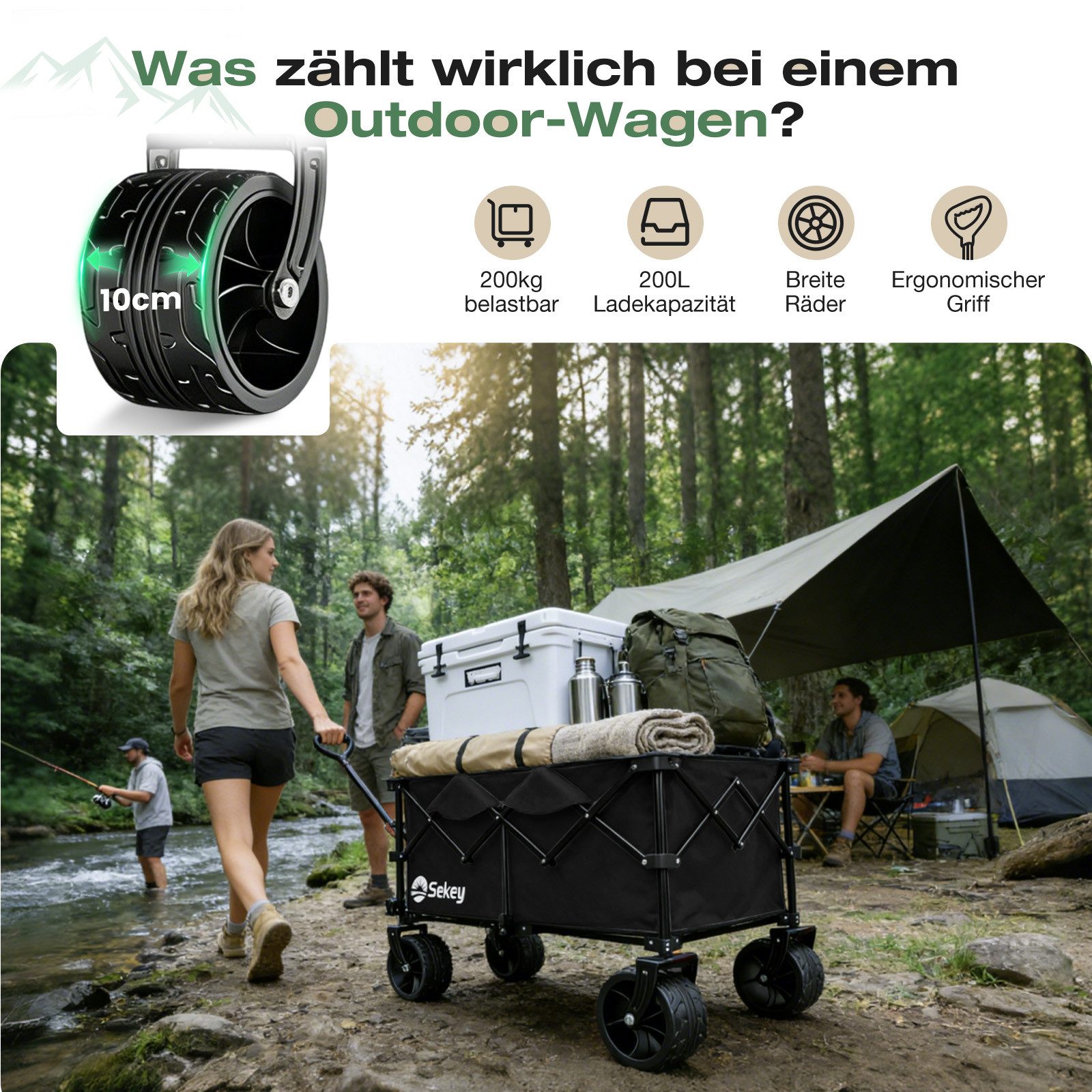 Sekey Bollerwagen Faltbar Handwagen Faltbollerwagen mit extra breiten All-Terrain-Rädern, XXL Plus Bollerwagen 200L 200KG Belastbar, 4-Wege-Sofortaufbau